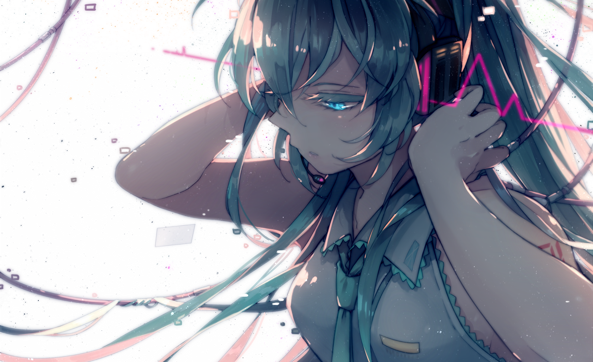 Hatsune Miku with headphones and digital elements HD Wallpaper