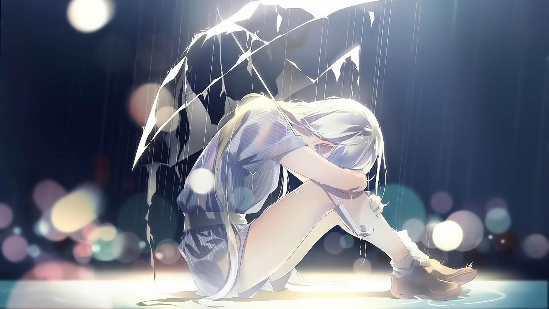 Girl crying under a broken umbrella in the rain HD Wallpaper