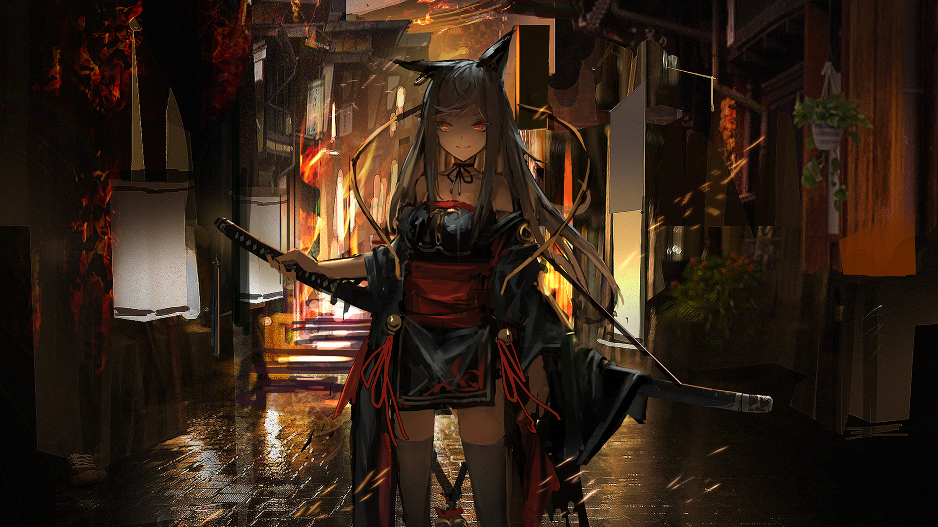 Anime girl with fox ears and swords in a Japanese town HD Wallpaper