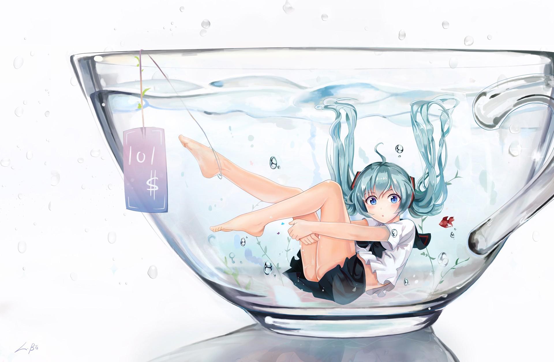 Hatsune Miku in a teacup with a price tag HD Wallpaper