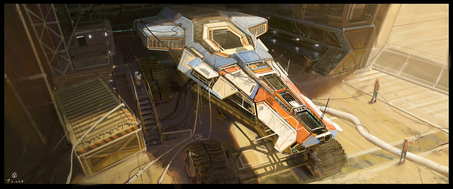 Science fiction artwork of a futuristic vehicle in a hangar HD Wallpaper