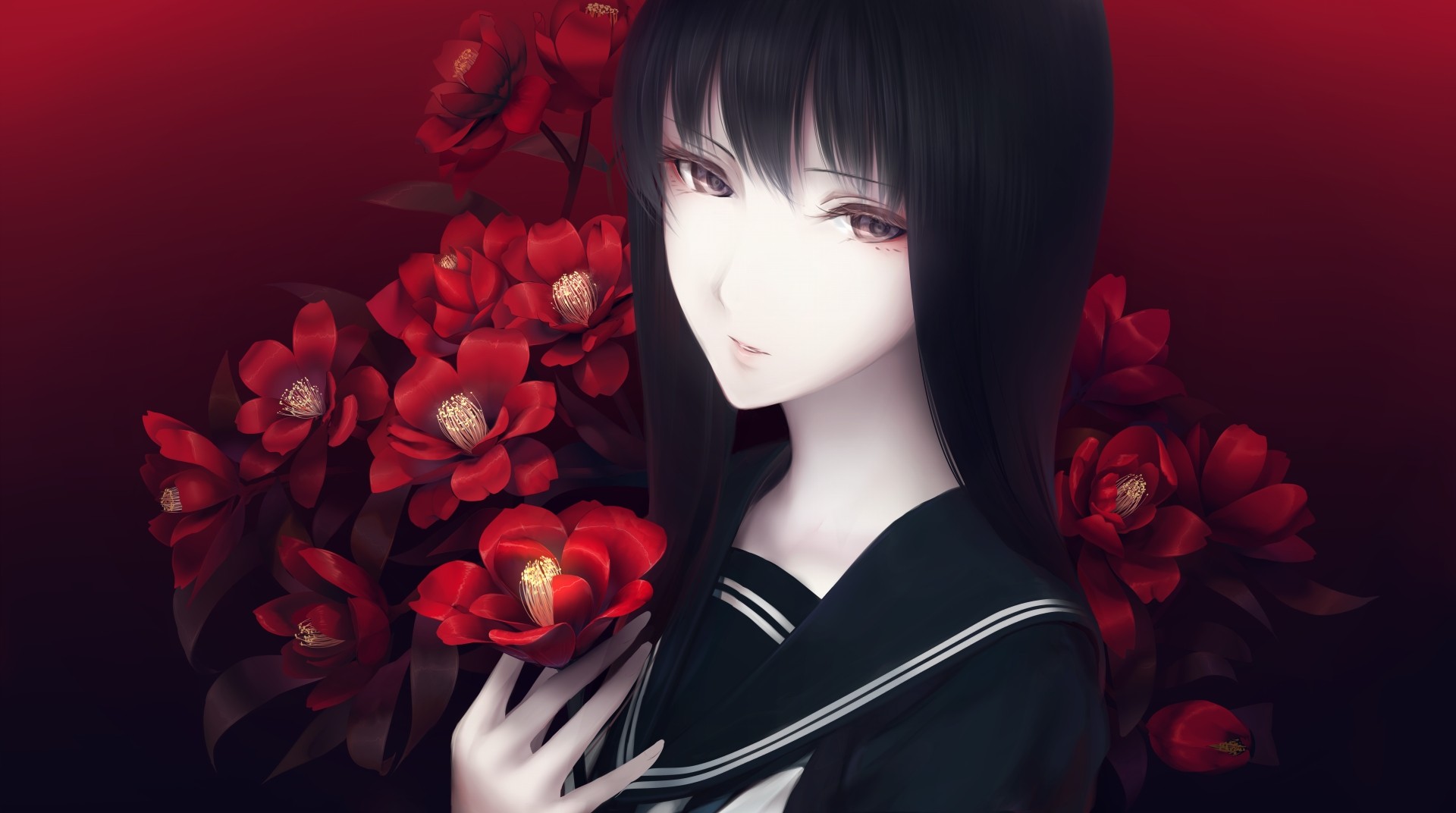 Anime girl with black hair and red flowers HD Wallpaper
