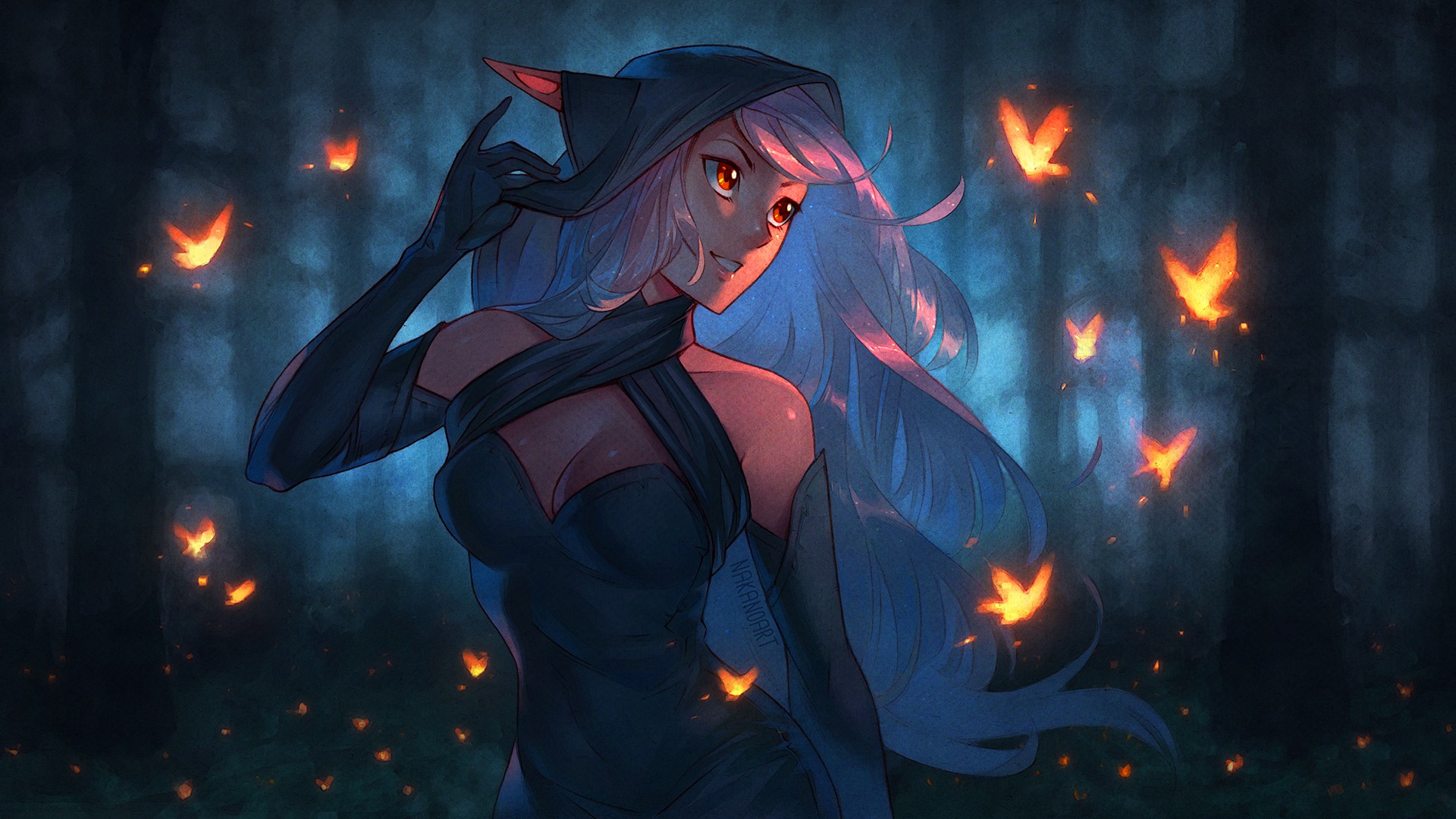 Anime girl with long hair and red eyes in a forest HD Wallpaper