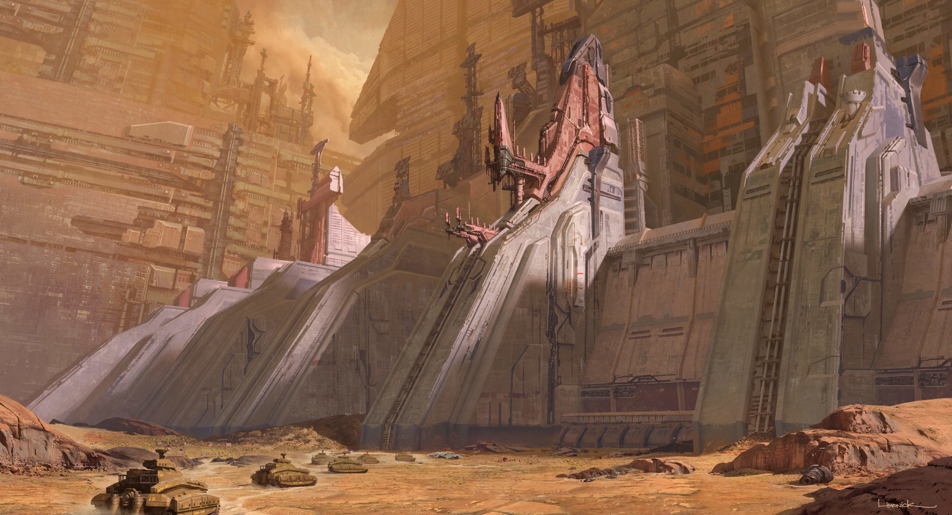 Science fiction tanks in a desert landscape with massive structures HD Wallpaper