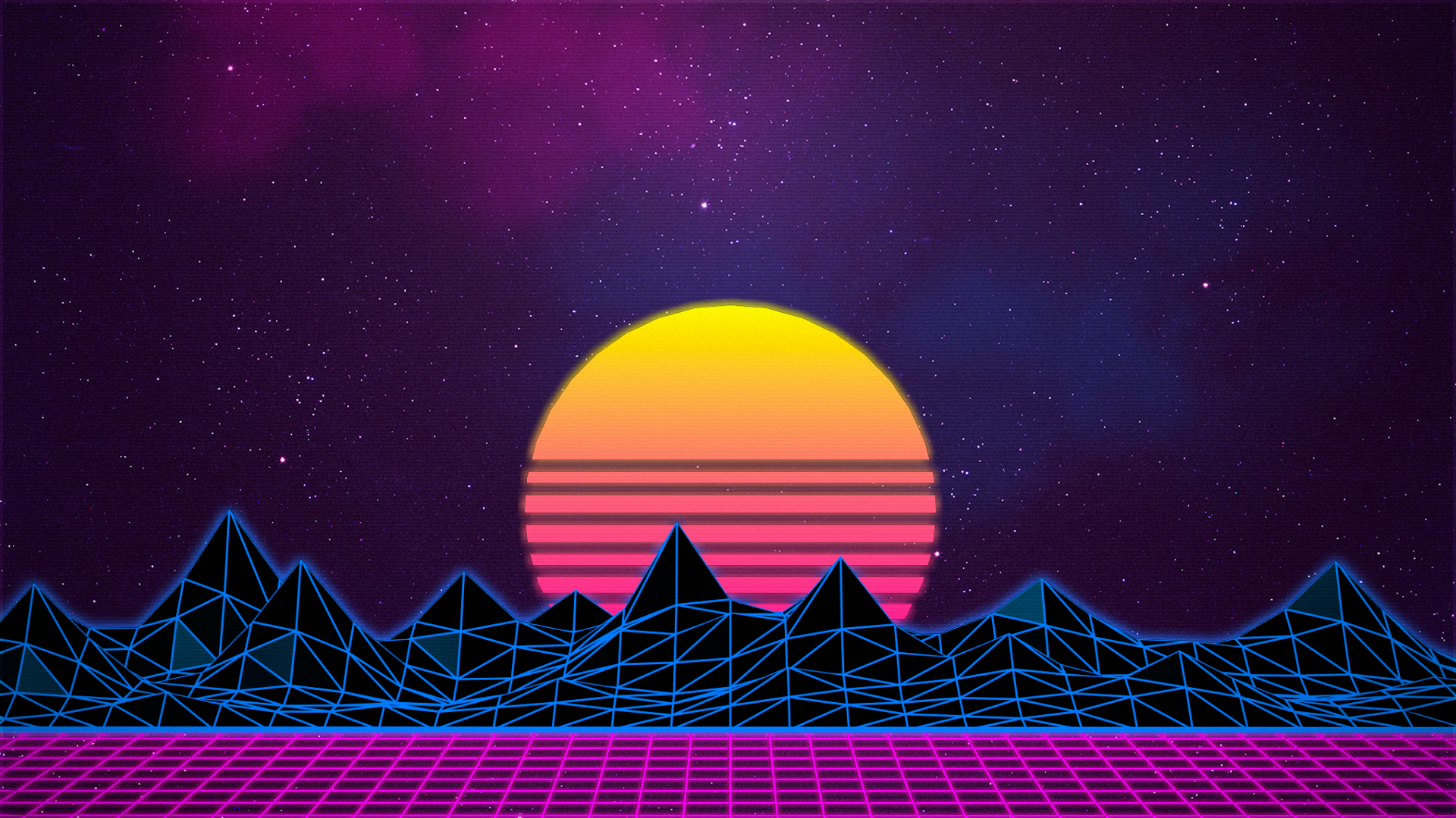 Synthwave neon mountains and sunset HD Wallpaper