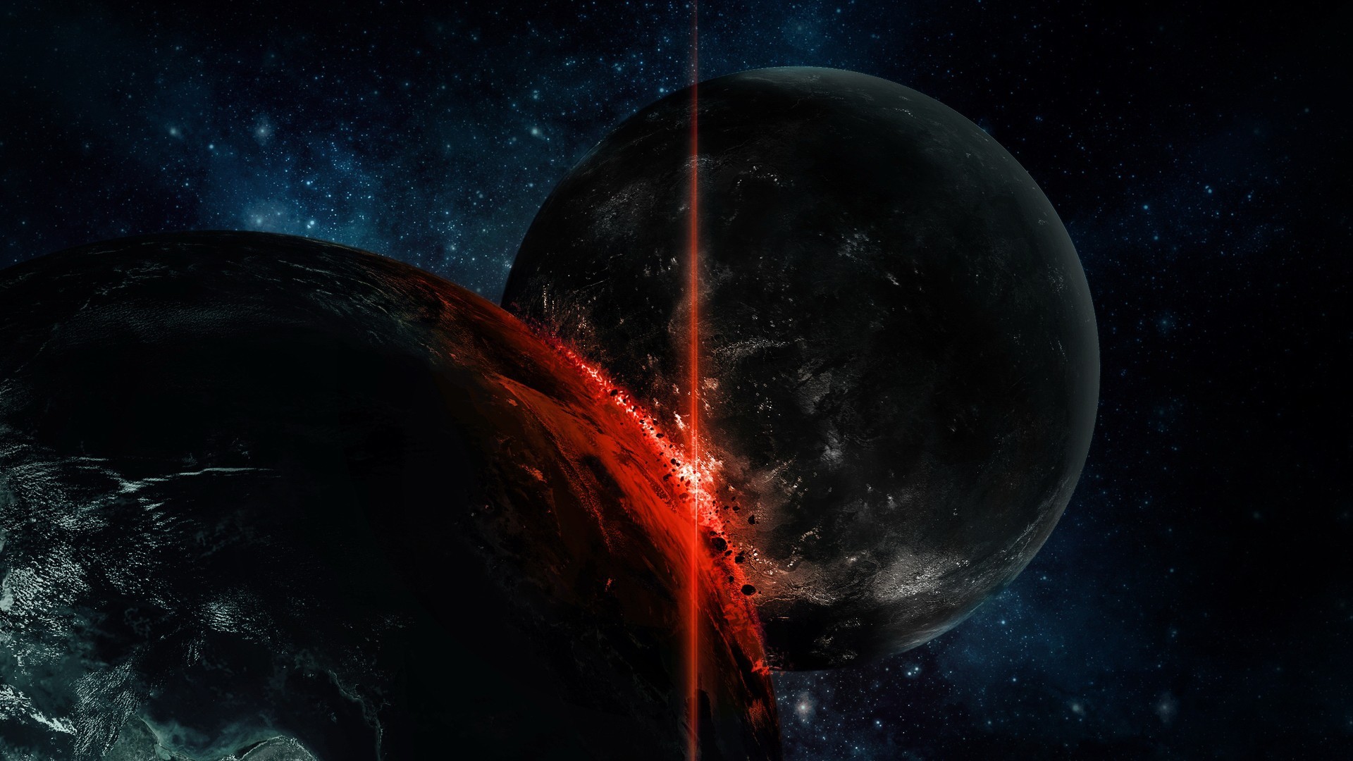 Two planets colliding in space with a red beam HD Wallpaper