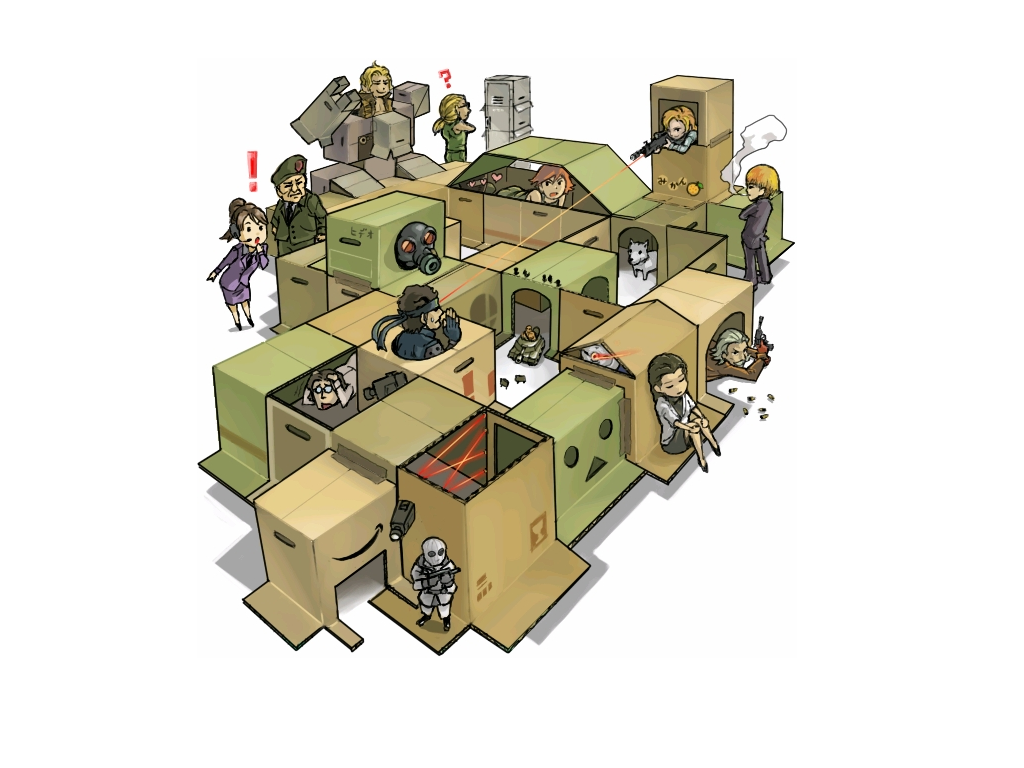 Metal Gear Solid characters in a cardboard box fort HD Wallpaper