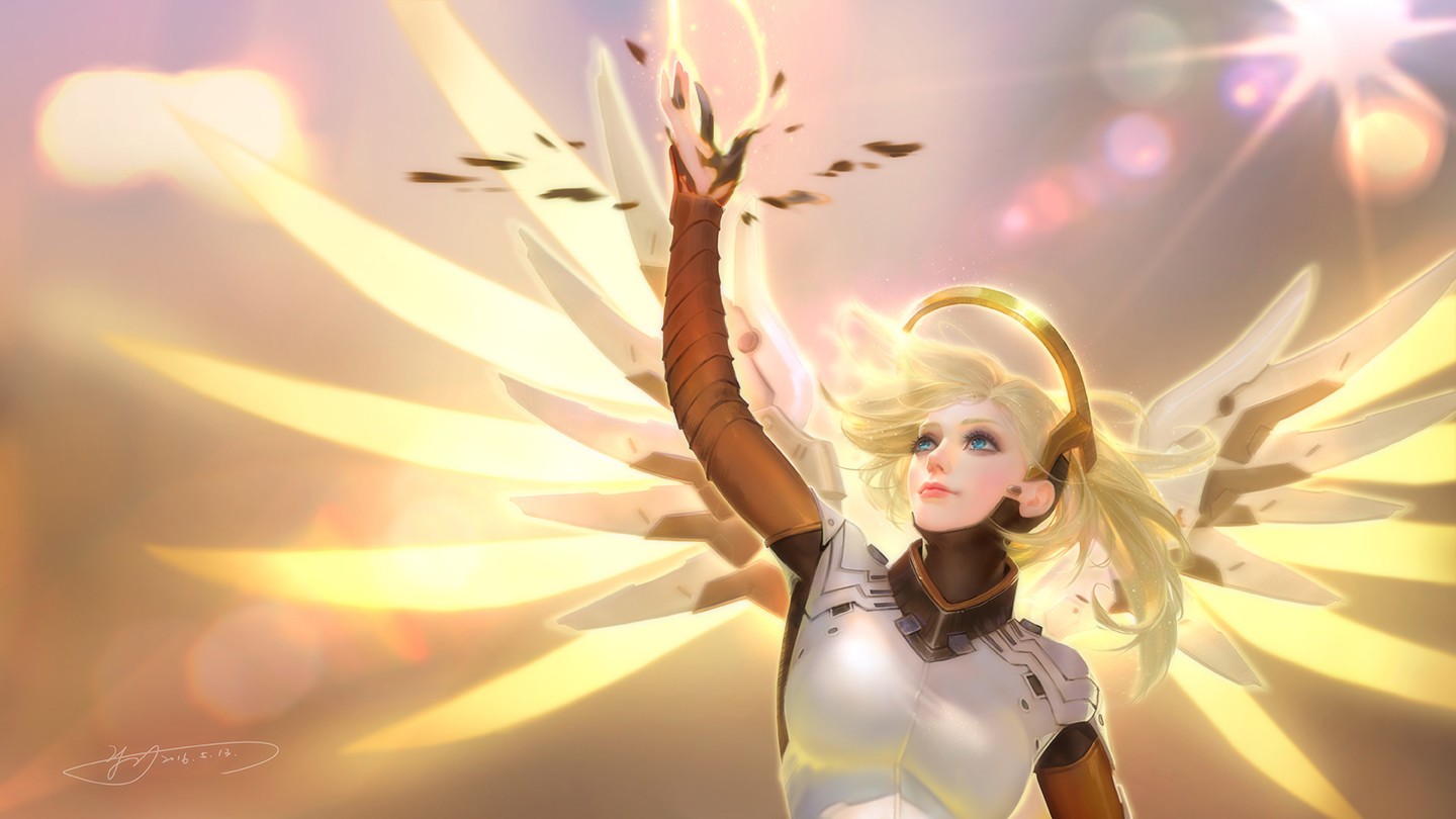 Mercy from Overwatch with glowing wings HD Wallpaper