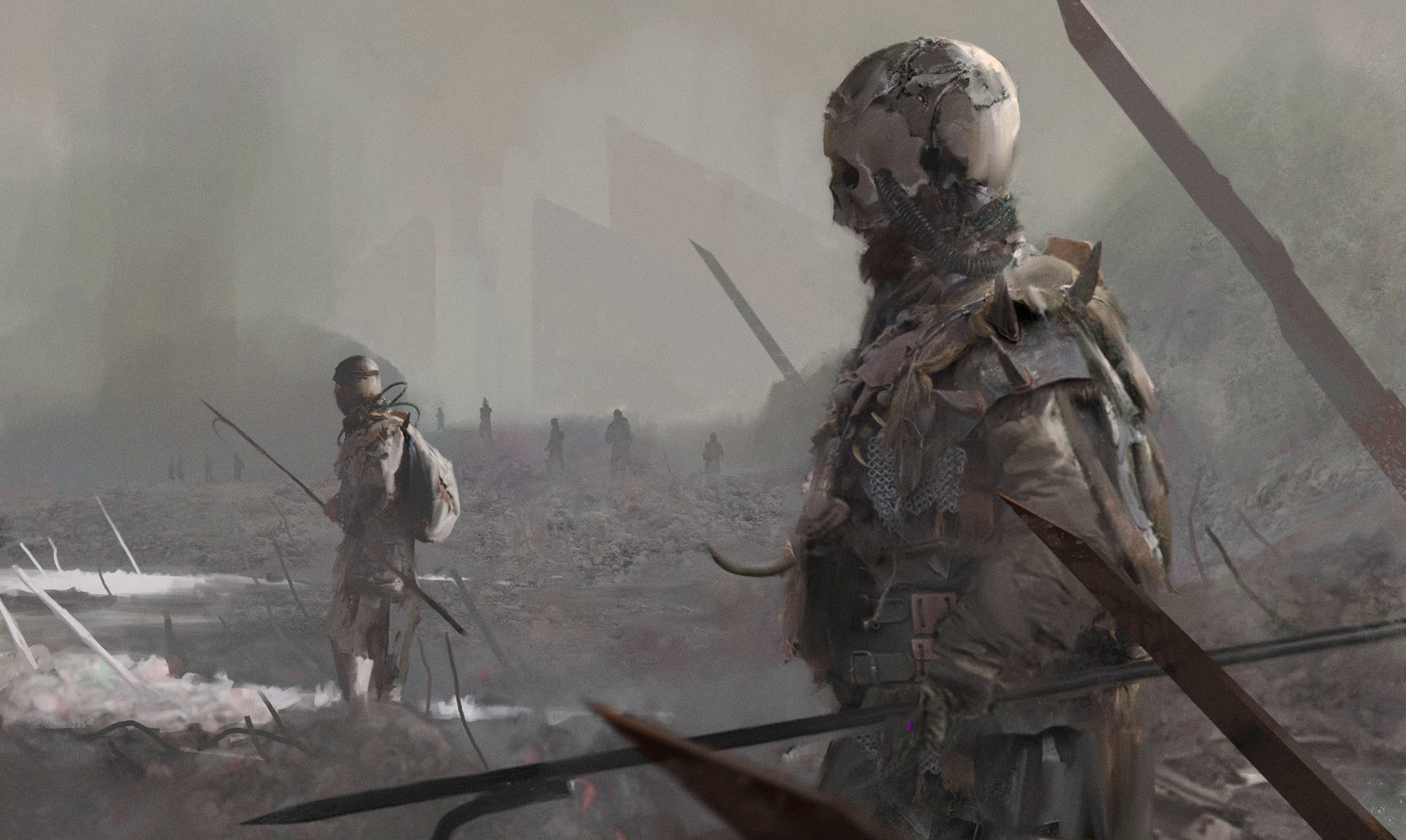 Futuristic soldiers with swords in a desolate landscape HD Wallpaper