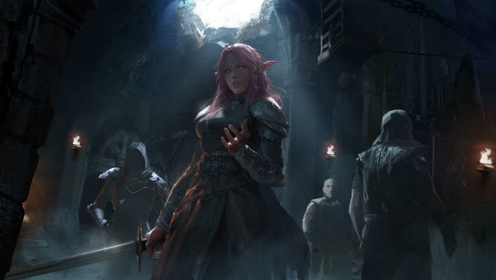 Elf warrior with sword and followers in dungeon HD Wallpaper