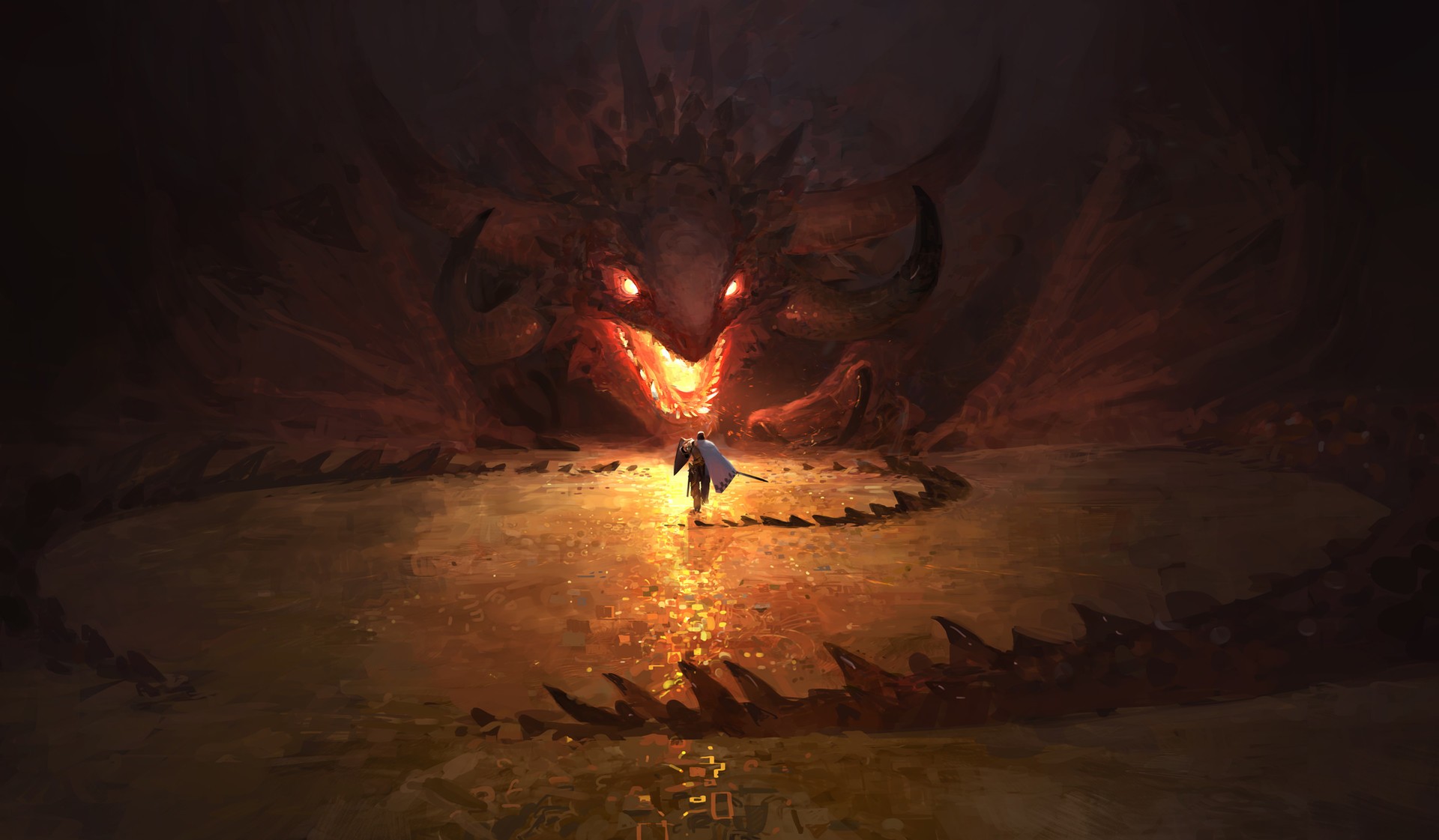 Fantasy art of a knight facing a dragon HD Wallpaper