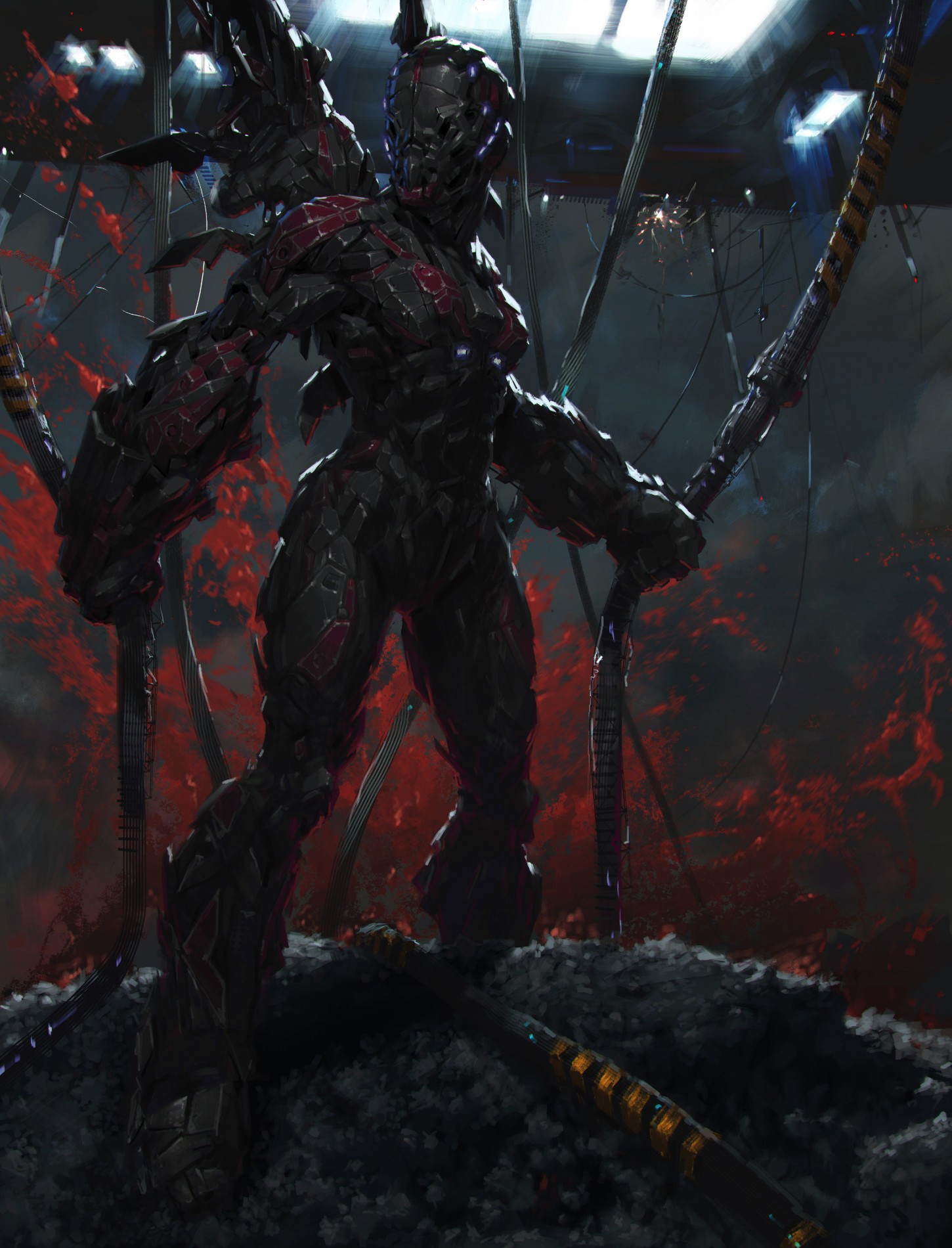 Futuristic armored figure with red accents and wings HD Wallpaper