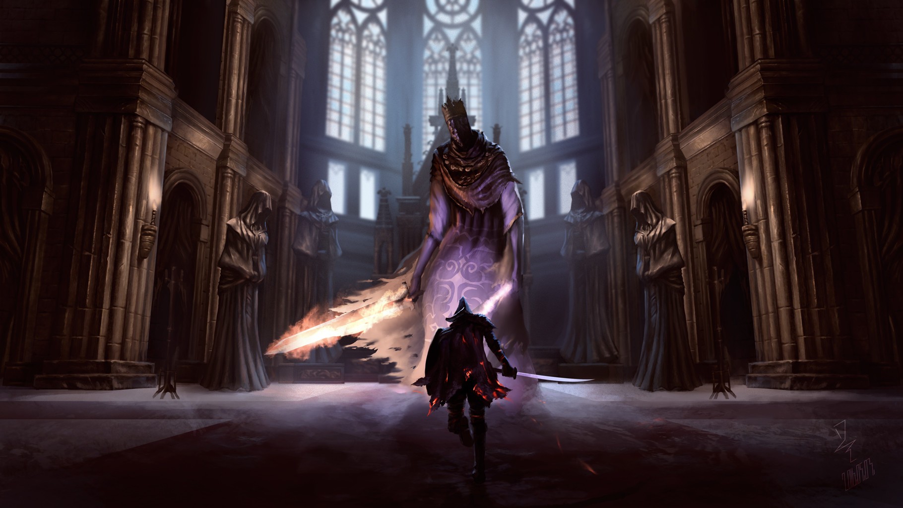 Dark Souls III: Knight facing a giant king in a cathedral HD Wallpaper