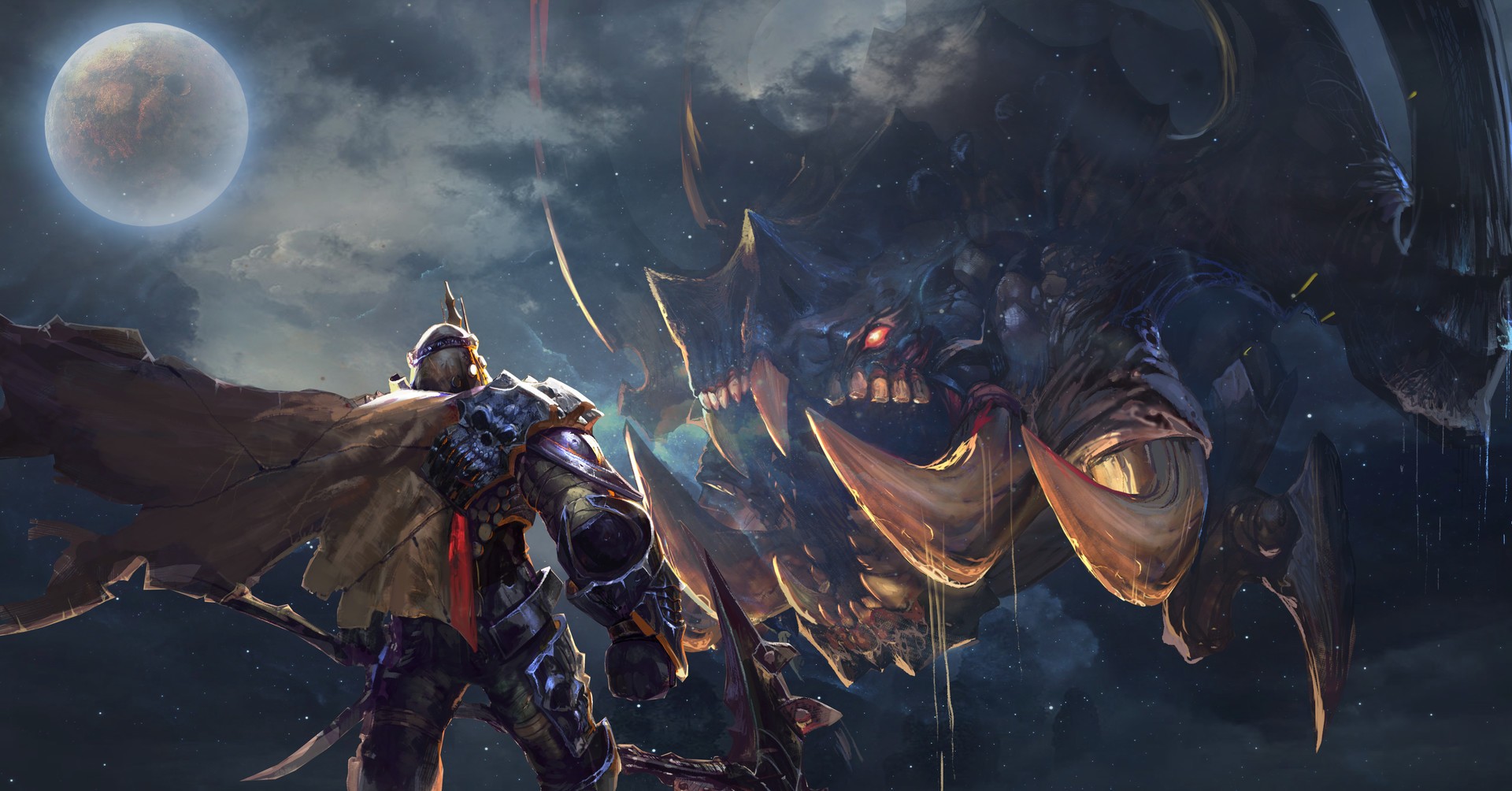 Warrior facing a giant monster under a large moon HD Wallpaper