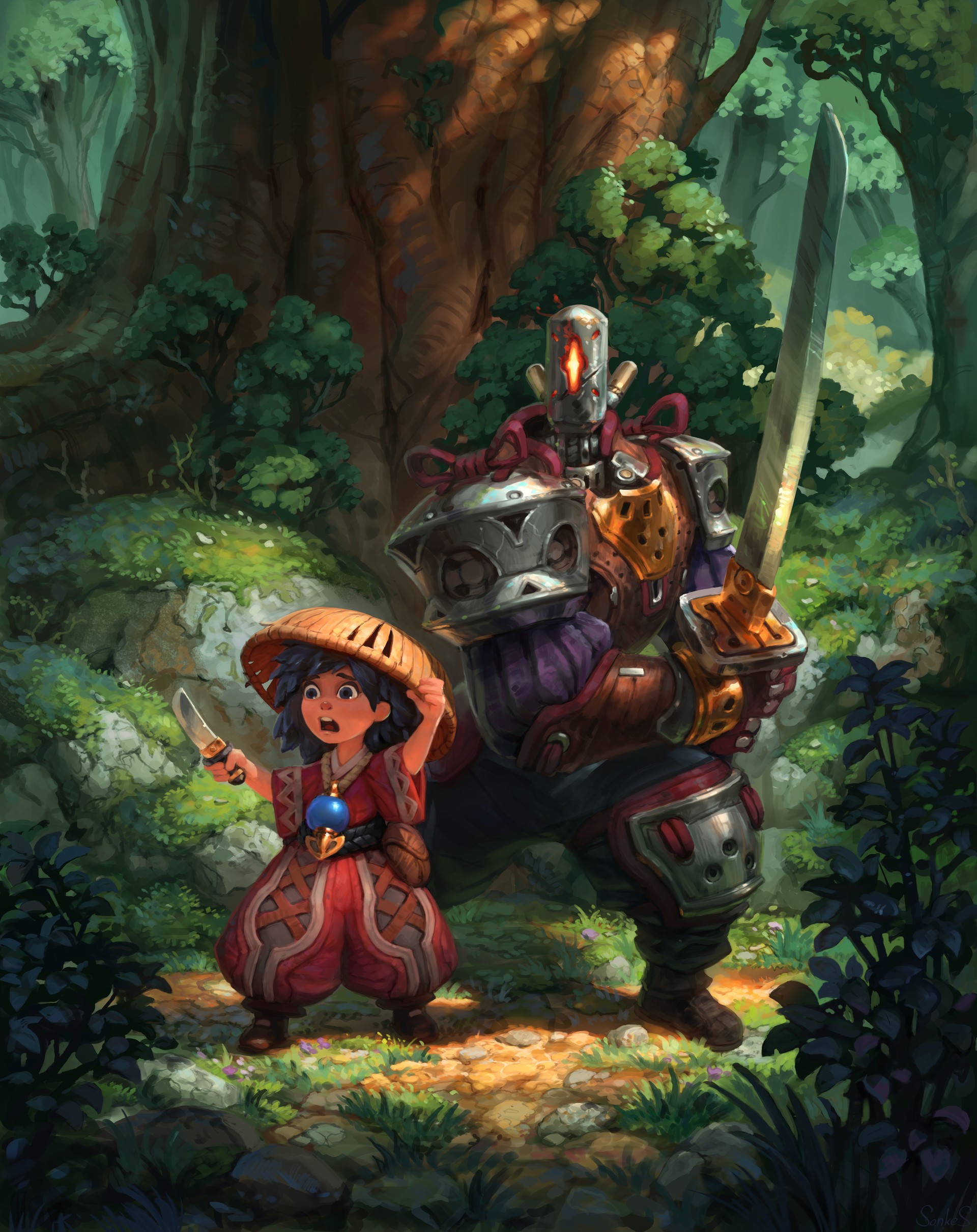 Child warrior and robot in a forest HD Wallpaper