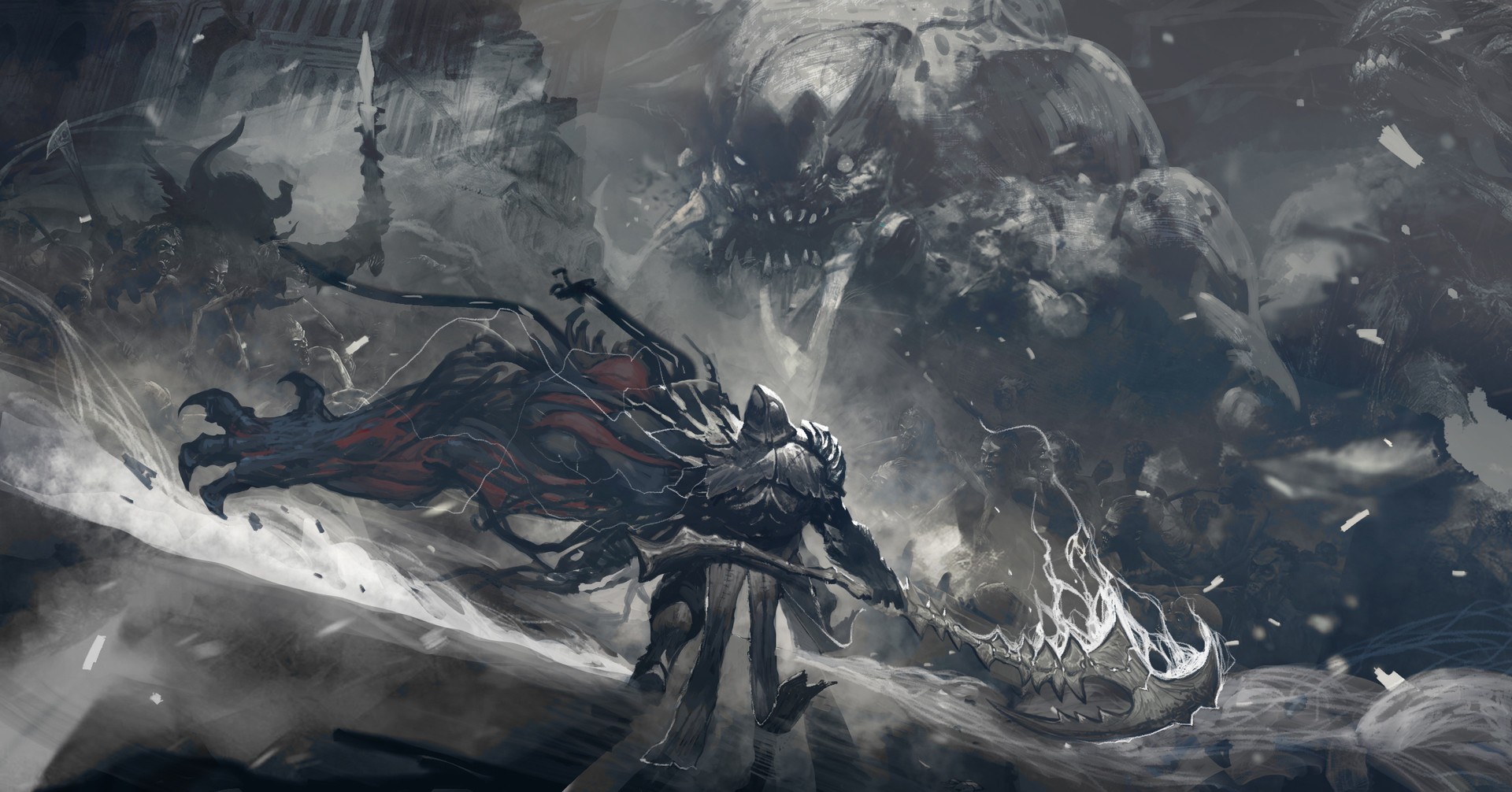 Fantasy warrior facing a giant monster HD Wallpaper