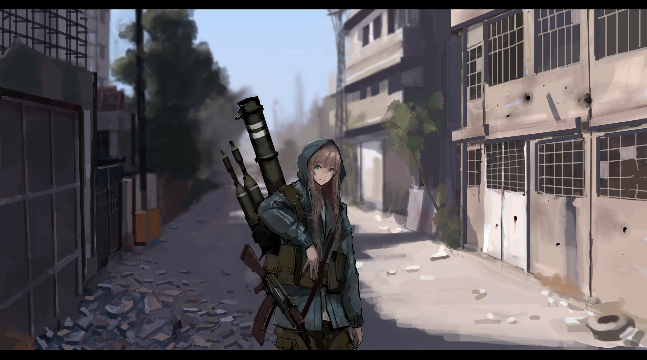 Anime girl with weapons in a destroyed city HD Wallpaper