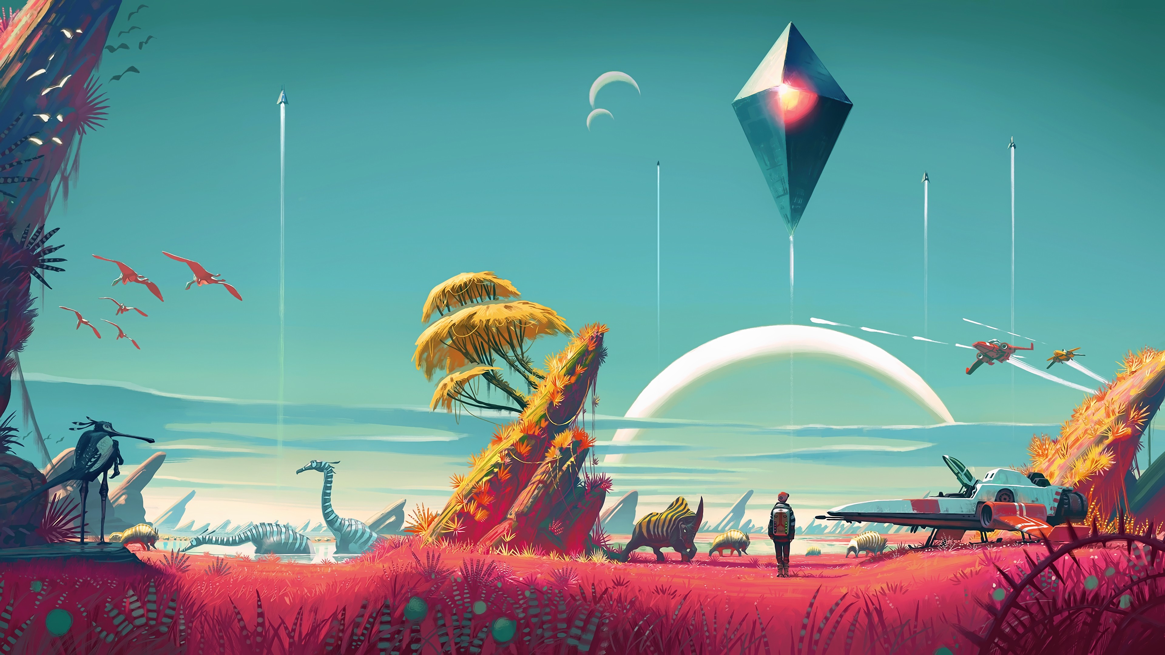 No Man's Sky alien planet landscape with spacecraft HD Wallpaper