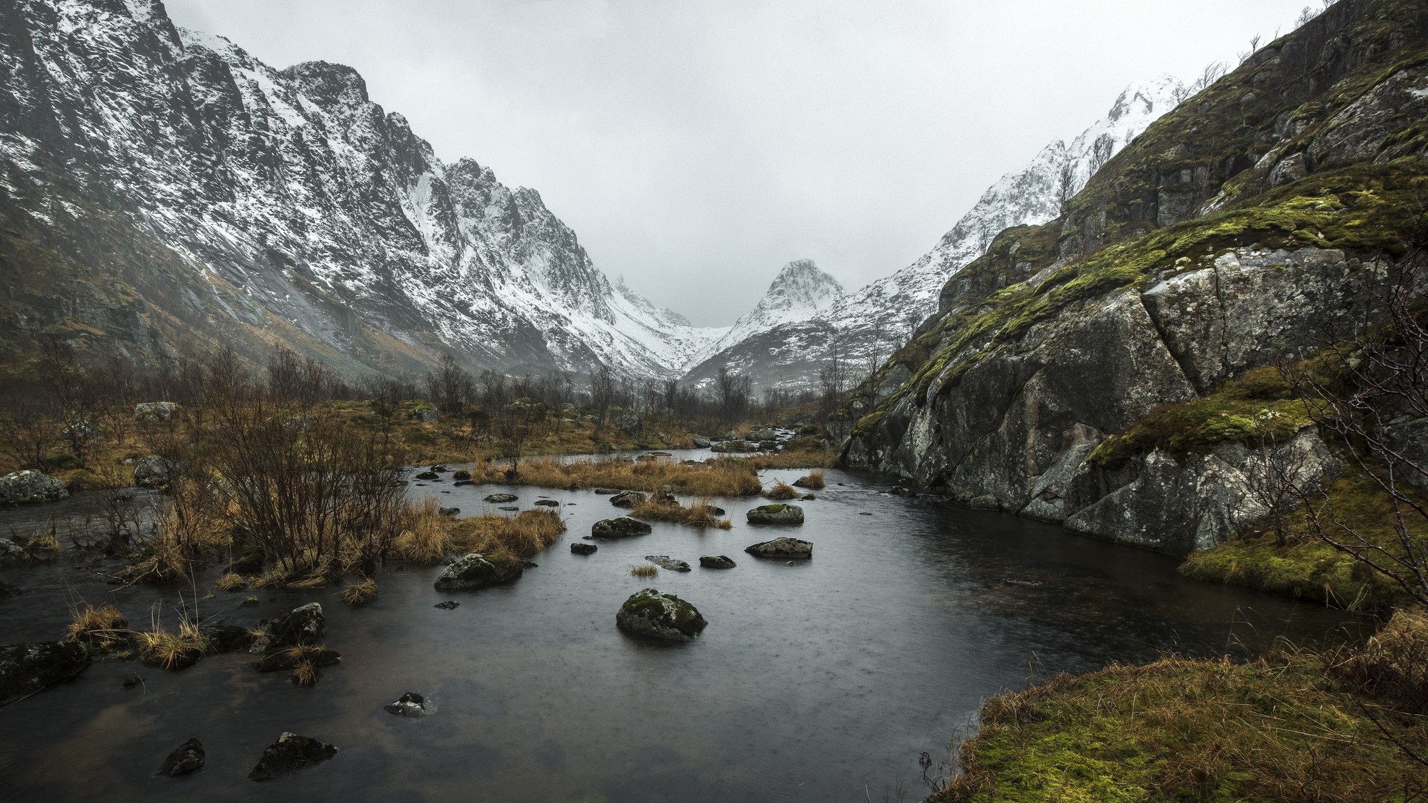 Snow-capped mountains and a river in a valley HD Wallpaper