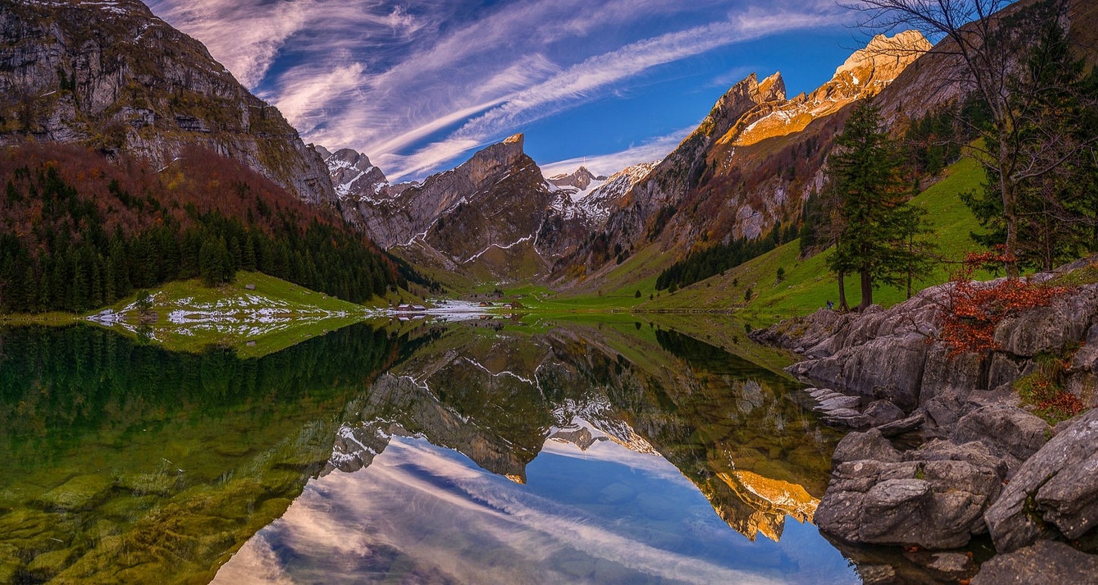 Mountain lake reflection in fall with snowy peaks HD Wallpaper