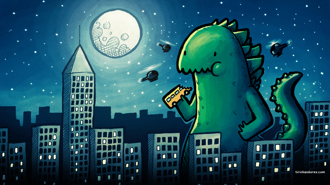 Godzilla eating a bus in a city at night HD Wallpaper