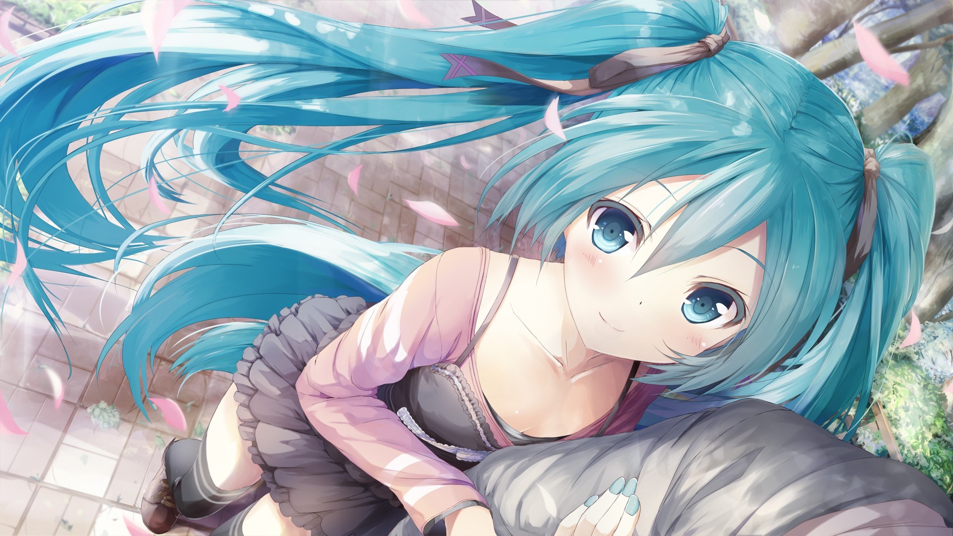 Hatsune Miku with flowing turquoise hair and pink cardigan HD Wallpaper