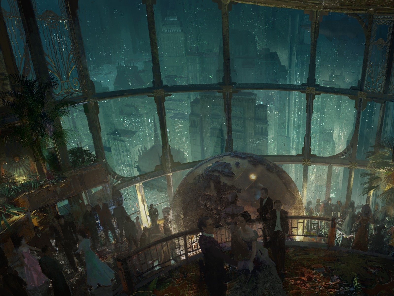 BioShock underwater city ballroom with people dancing HD Wallpaper