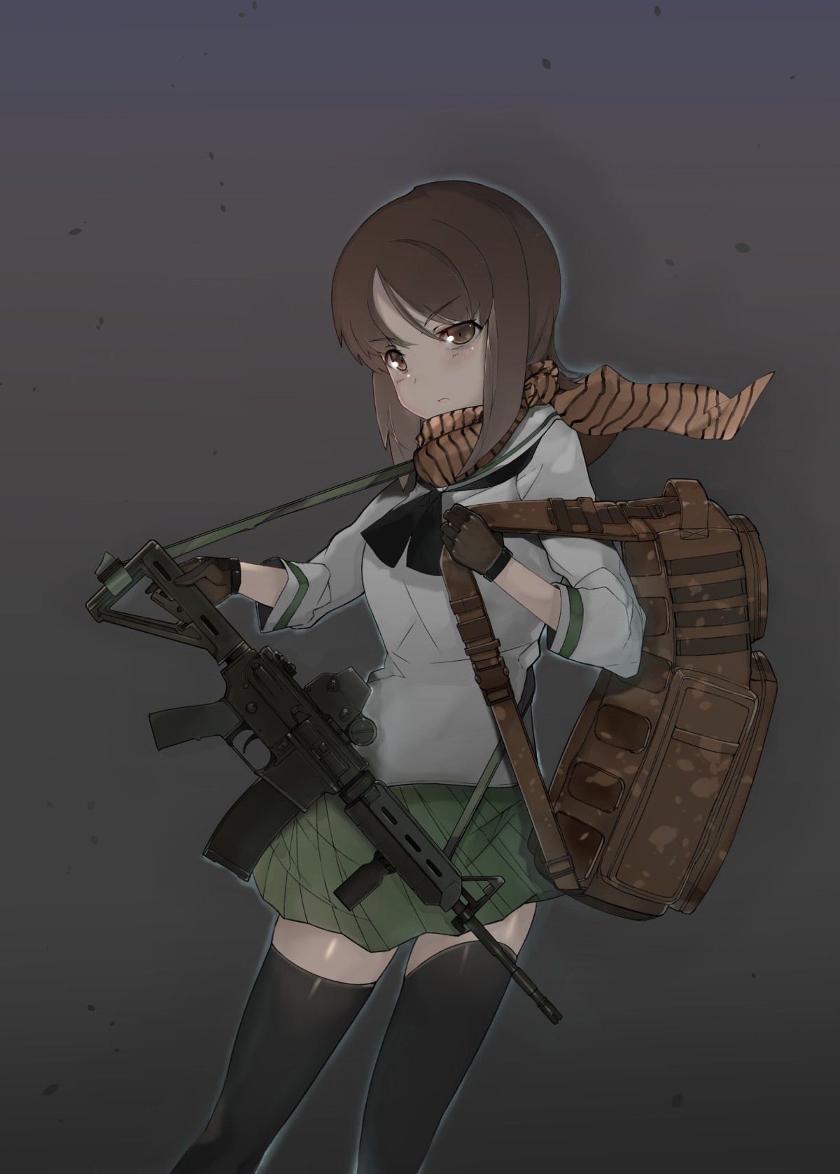 Anime girl with short brown hair holding a rifle HD Wallpaper