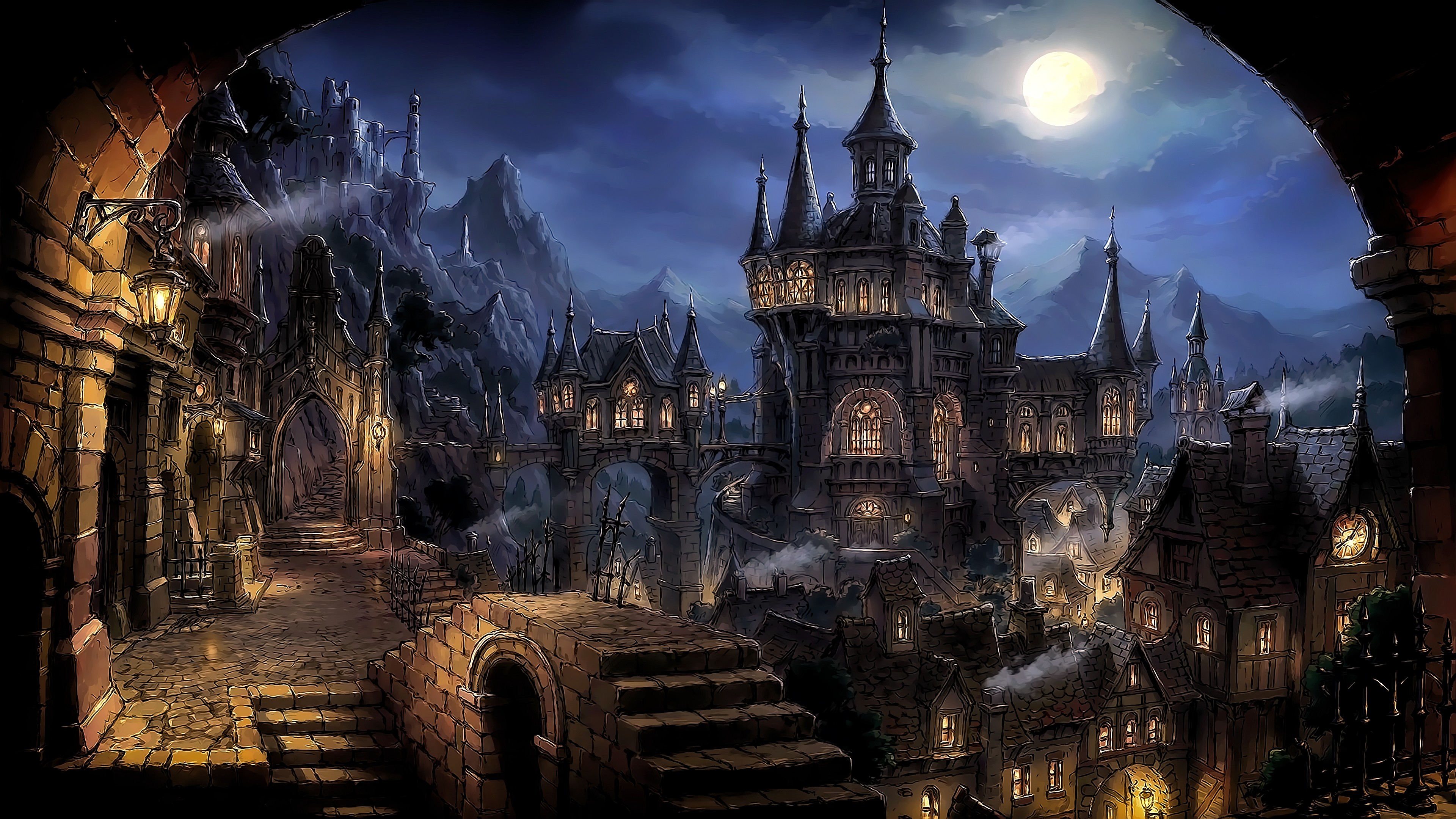 Fantasy castle town at night under a full moon HD Wallpaper