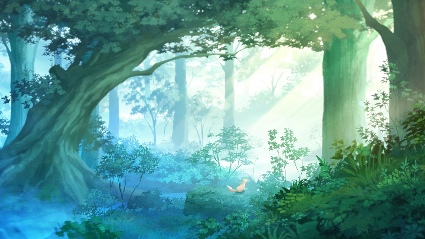 A fox sits in a sunlit forest clearing HD Wallpaper