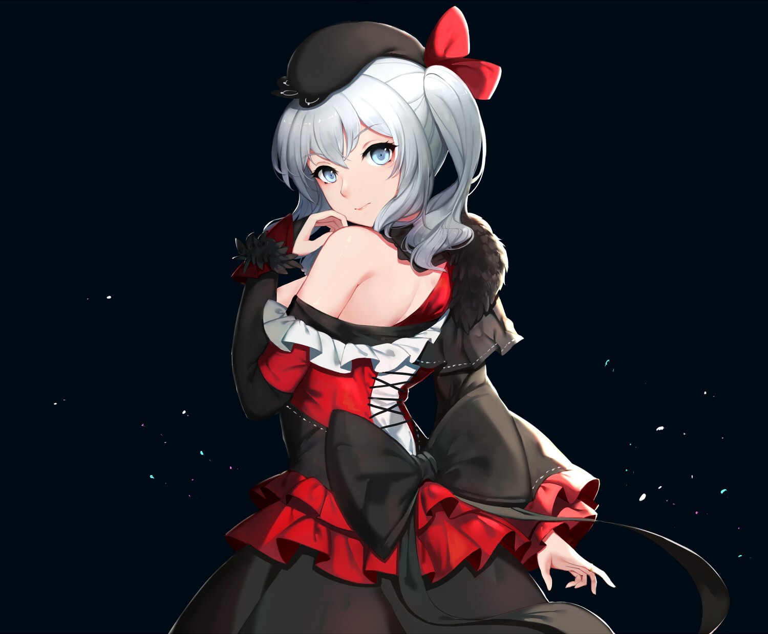 Anime girl with white hair and blue eyes in a black and red dress HD Wallpaper