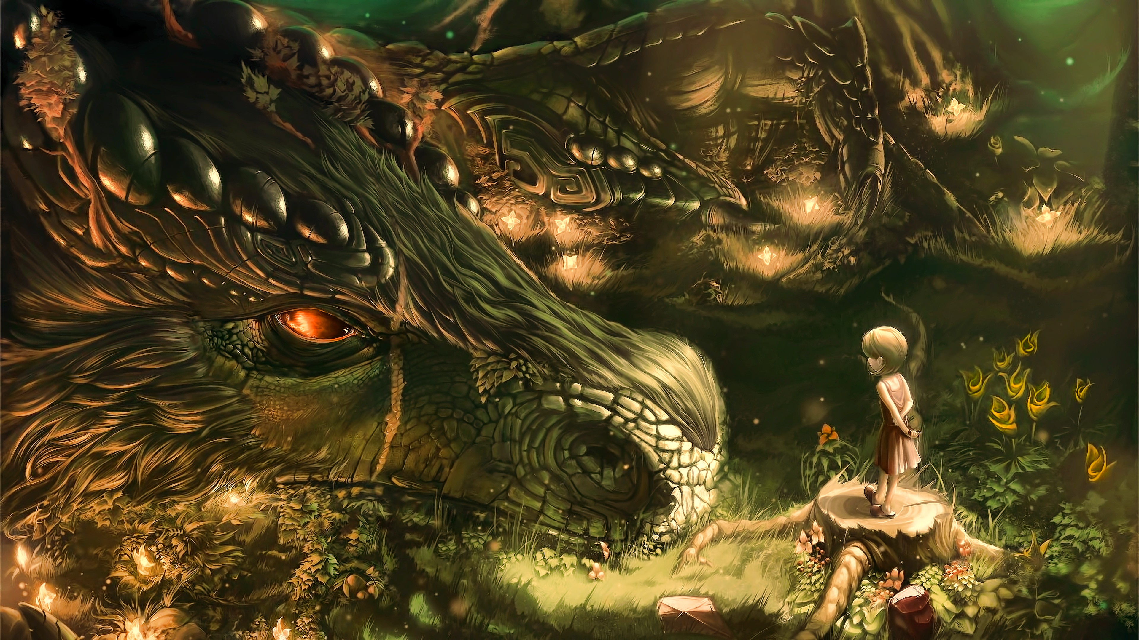 A young girl stands before a giant dragon in a magical forest HD Wallpaper
