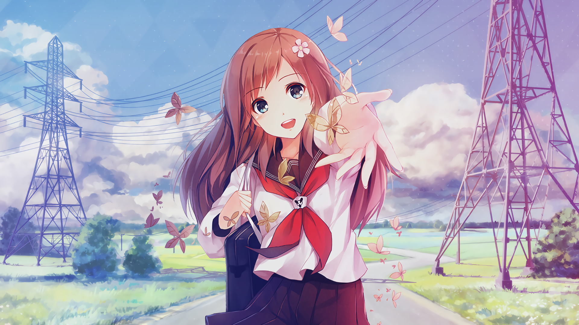 Anime girl with butterflies and power lines HD Wallpaper