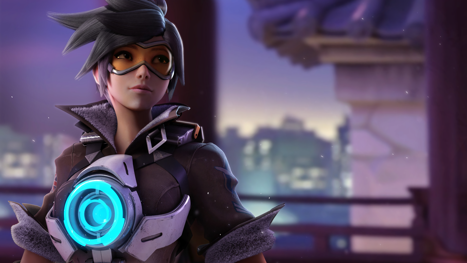 Tracer from Overwatch in a city at dusk HD Wallpaper