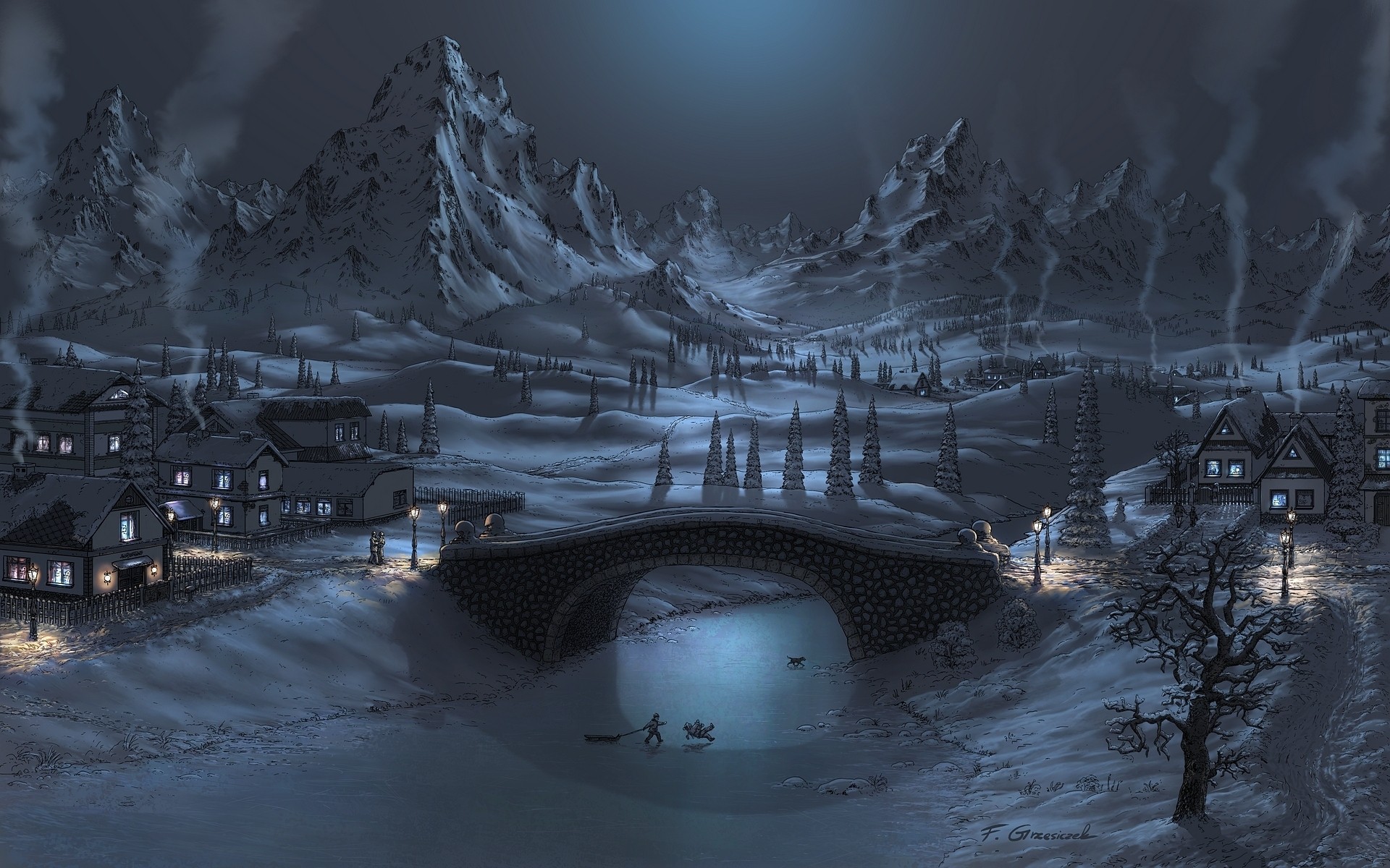 Winter village with snow-covered mountains and a bridge HD Wallpaper