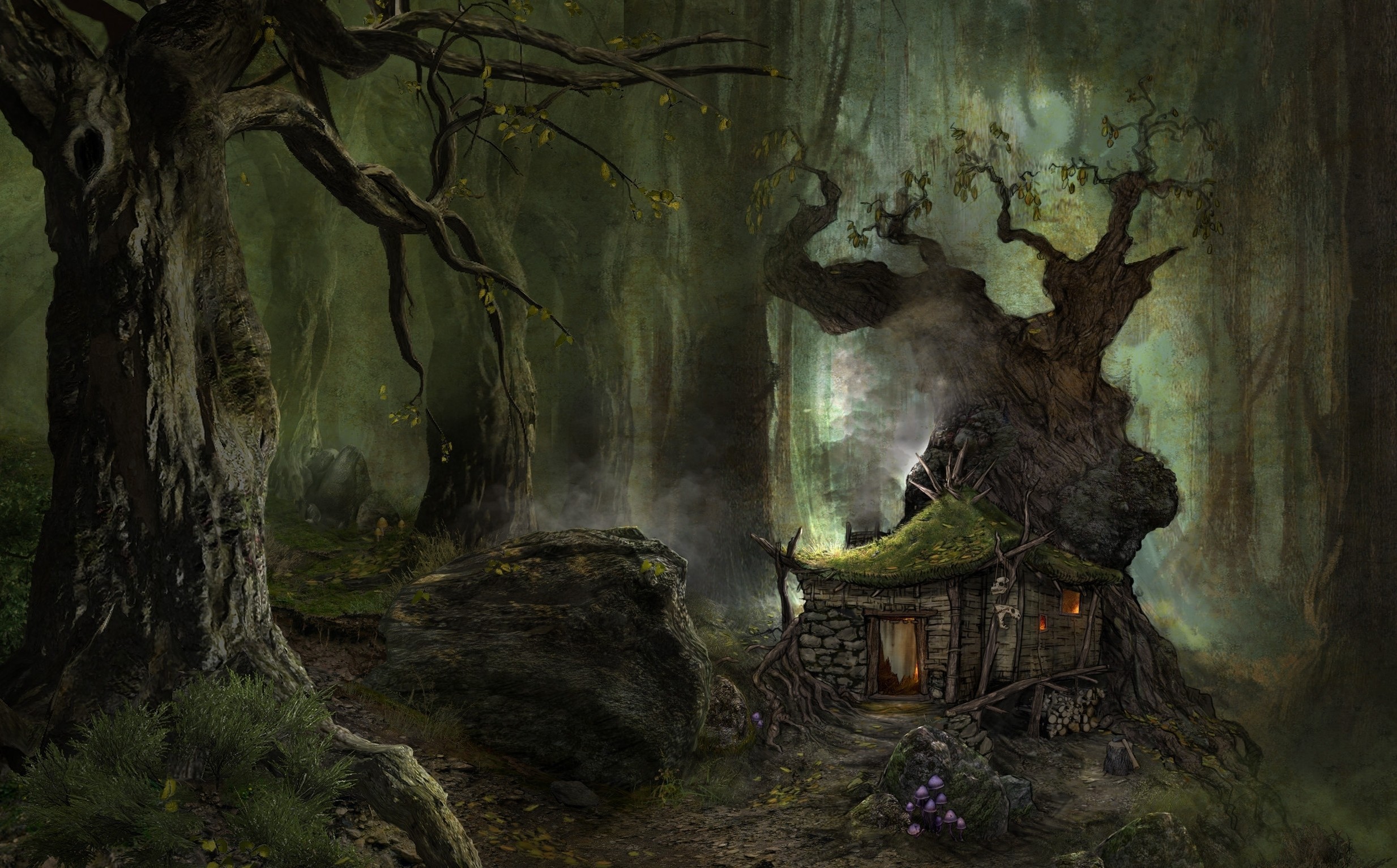 Fantasy forest with a small stone house built into a tree HD Wallpaper