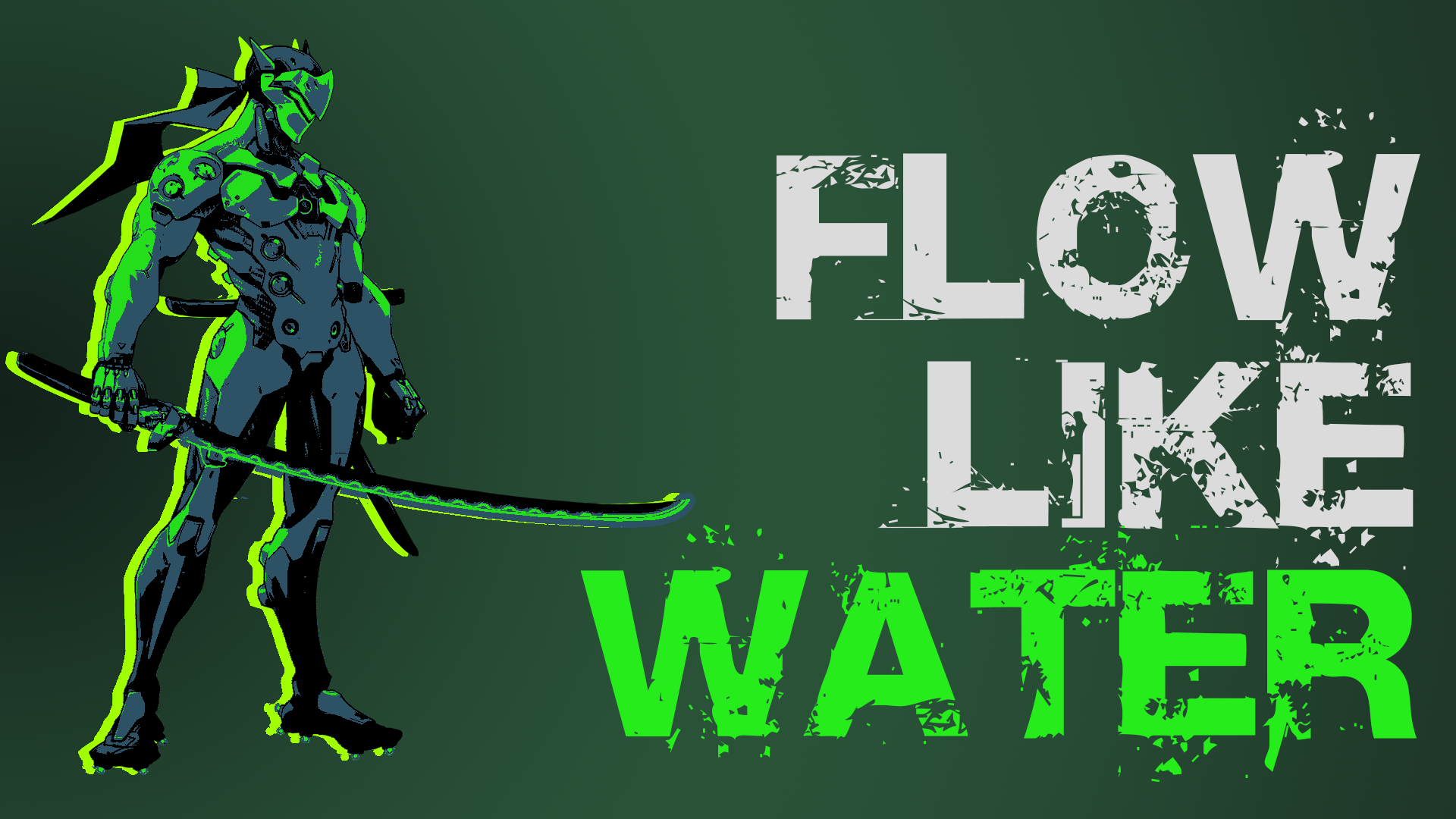 Genji from Overwatch with "Flow Like Water" text HD Wallpaper