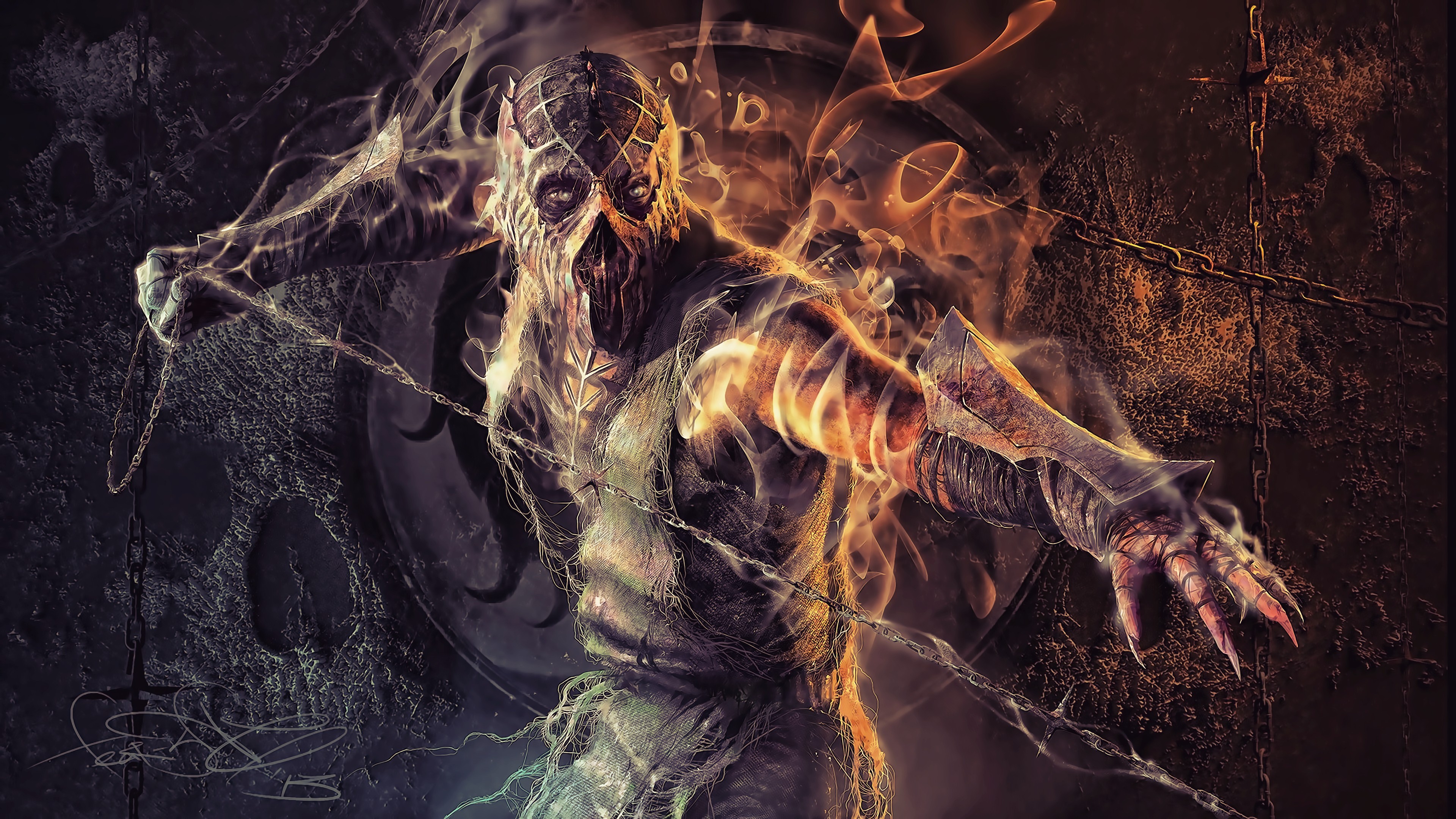 Scorpion from Mortal Kombat with chains and fire HD Wallpaper