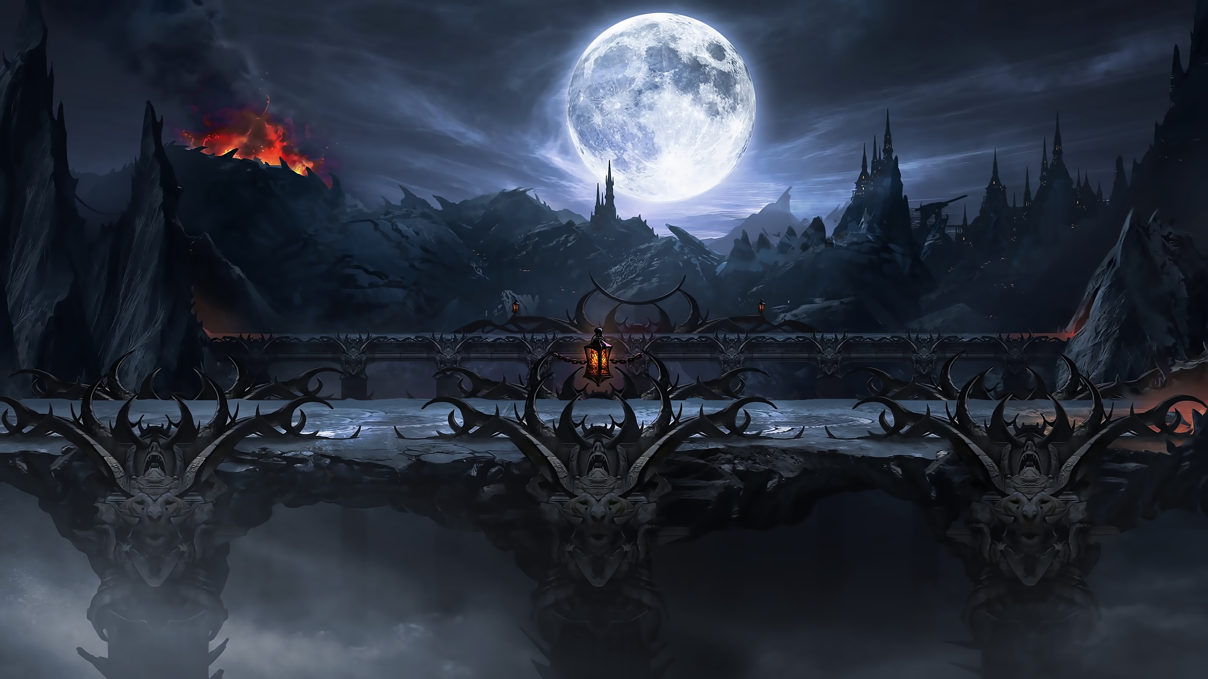 Mortal Kombat Arena with Full Moon and Volcano HD Wallpaper