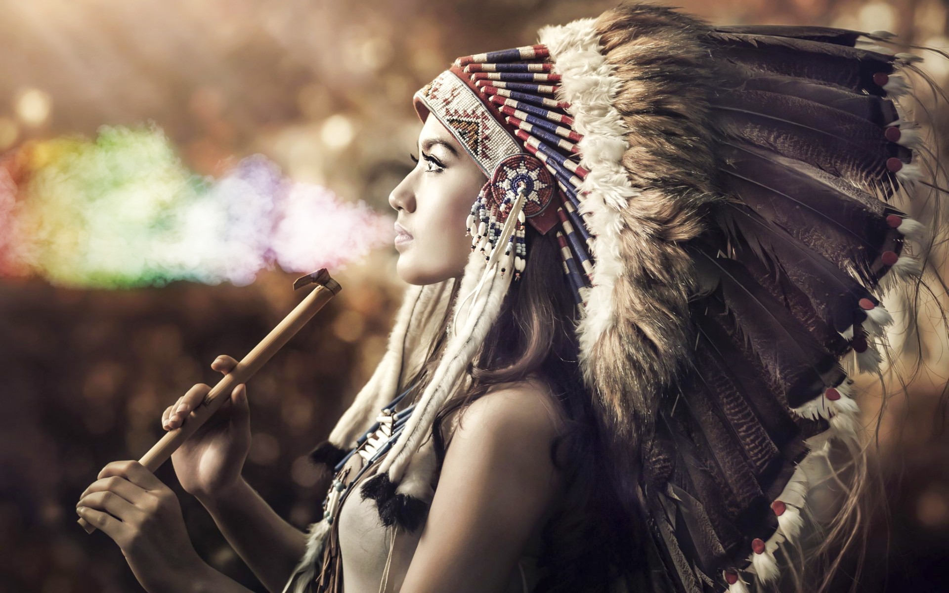 Woman in Native American Headdress Smoking a Pipe HD Wallpaper