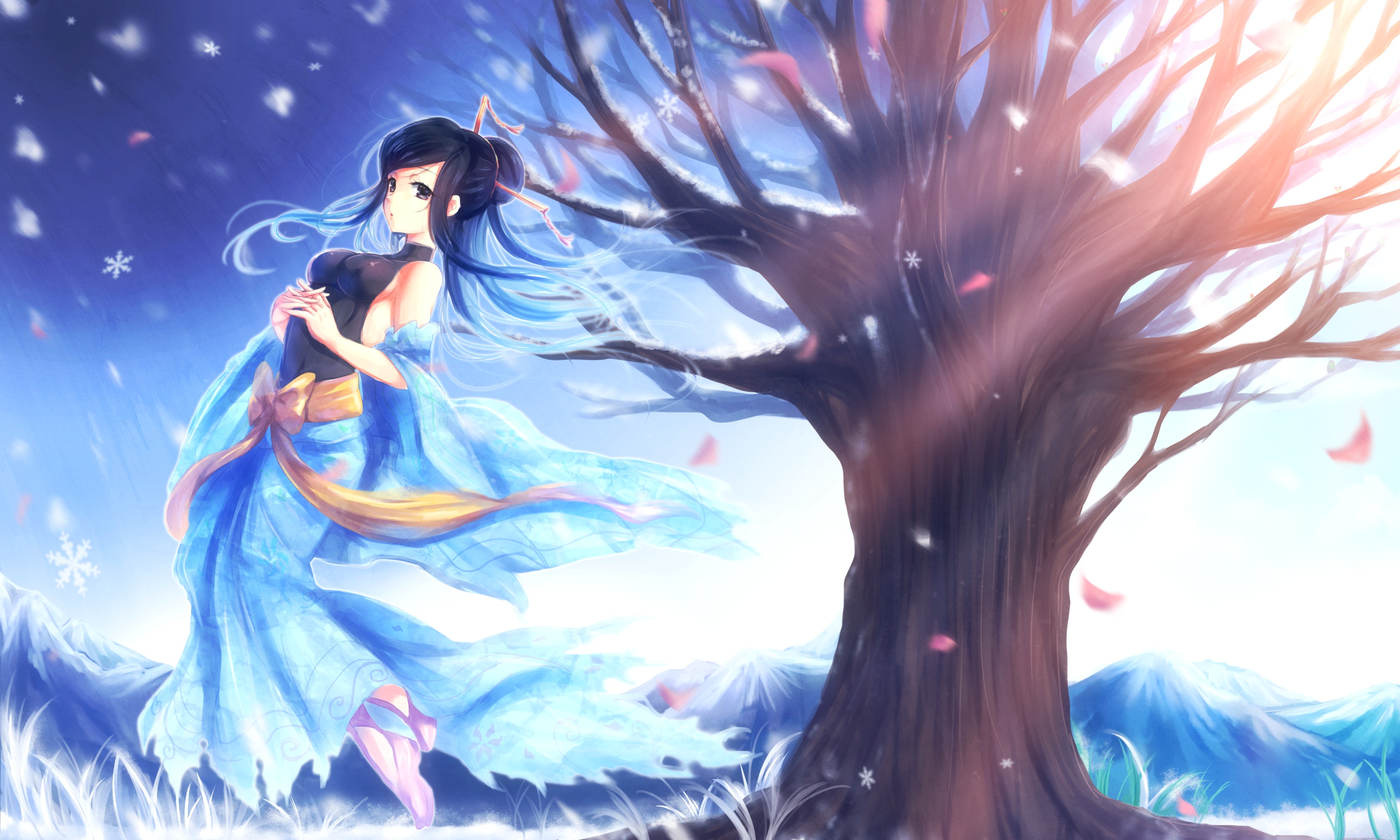 Anime girl in blue dress in snowy landscape HD Wallpaper