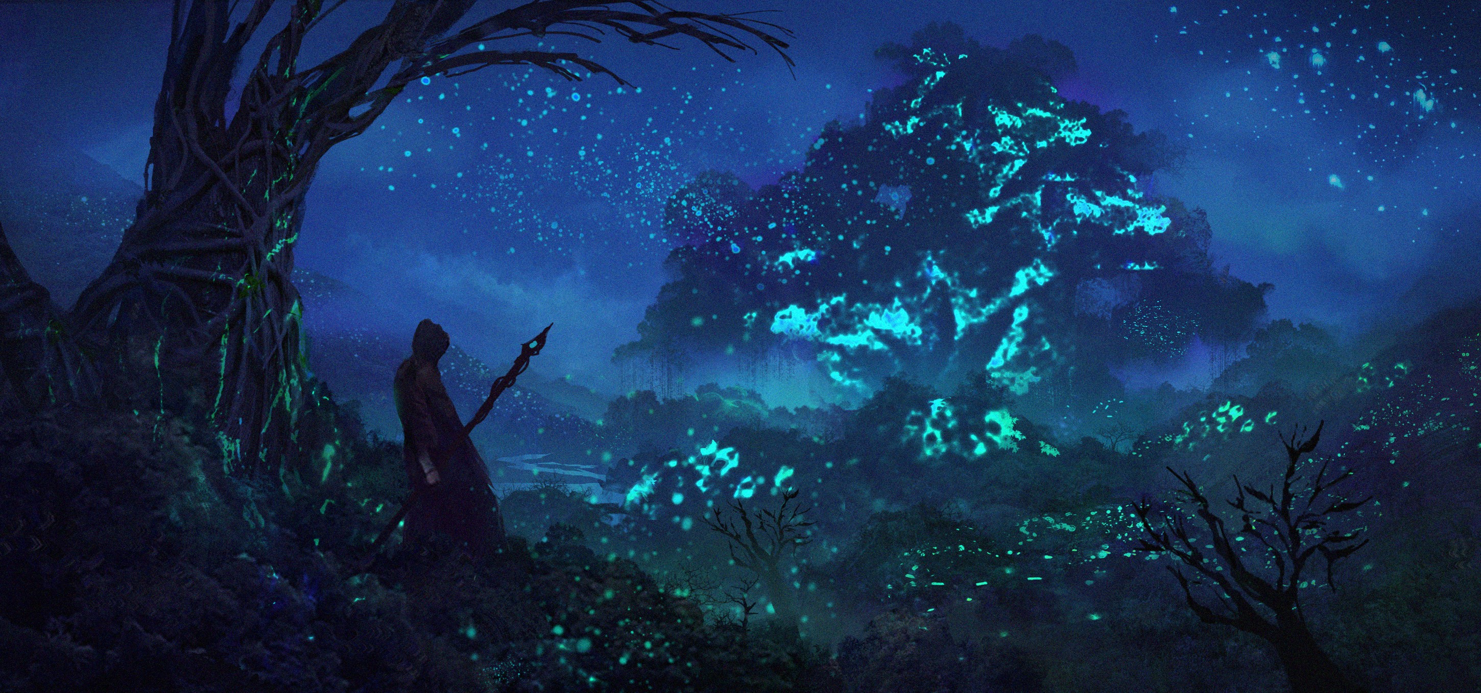 night, warrior, trees, blue, fantasy art, magic HD Wallpaper