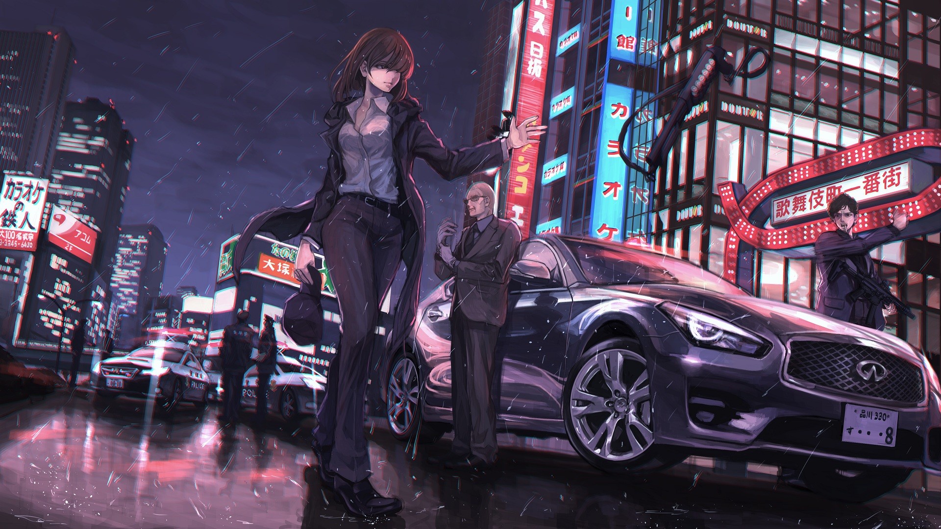 Anime characters in a rainy city with a car HD Wallpaper