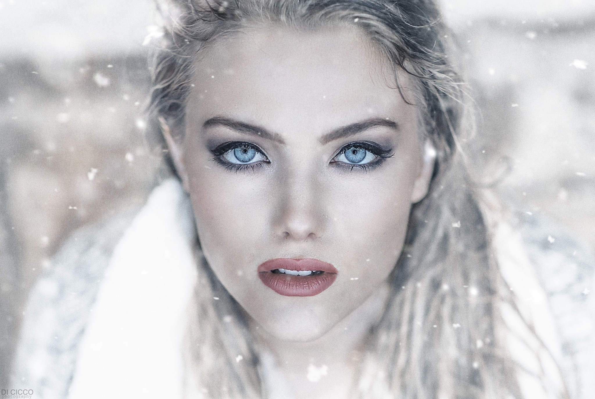Portrait of a blonde woman with blue eyes in the snow HD Wallpaper