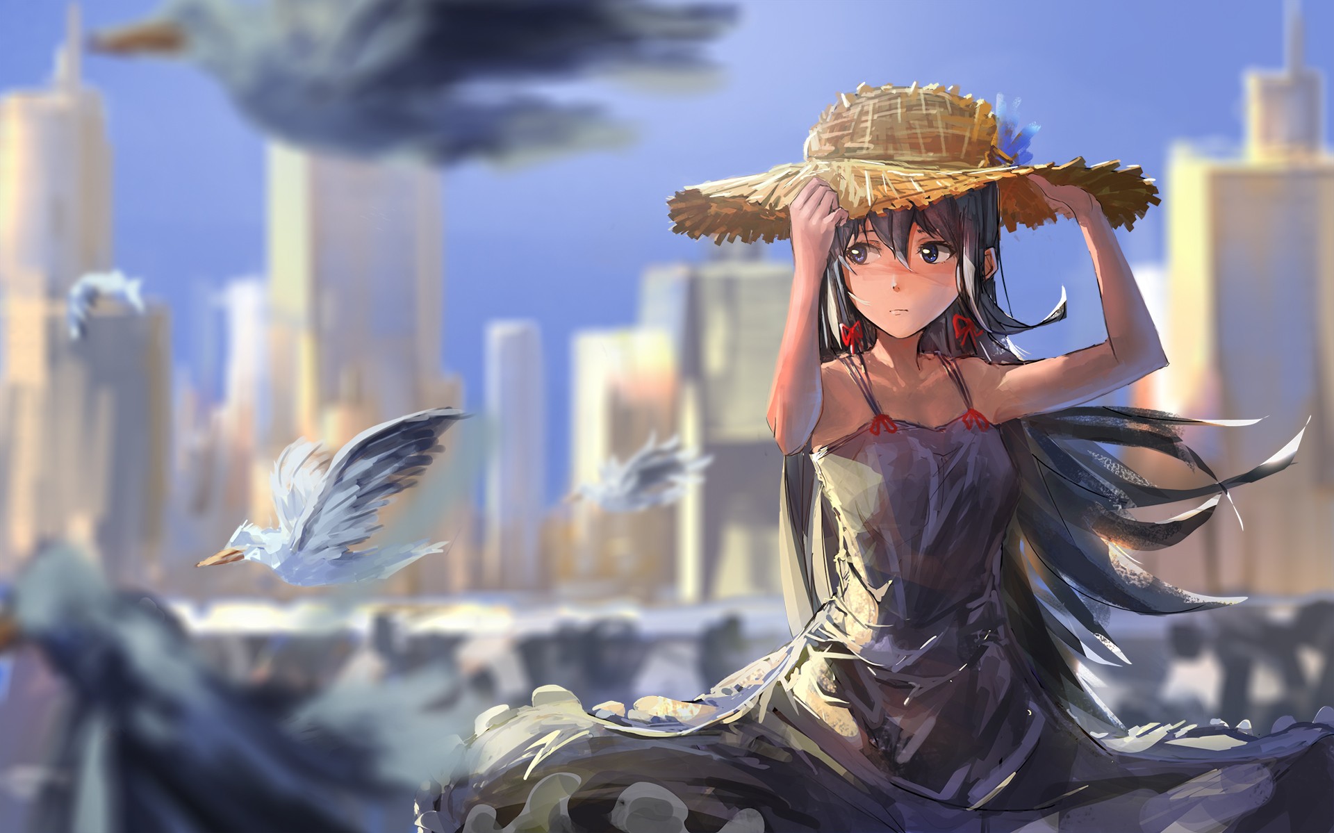 Yukinoshita Yukino with a straw hat in a city with birds HD Wallpaper