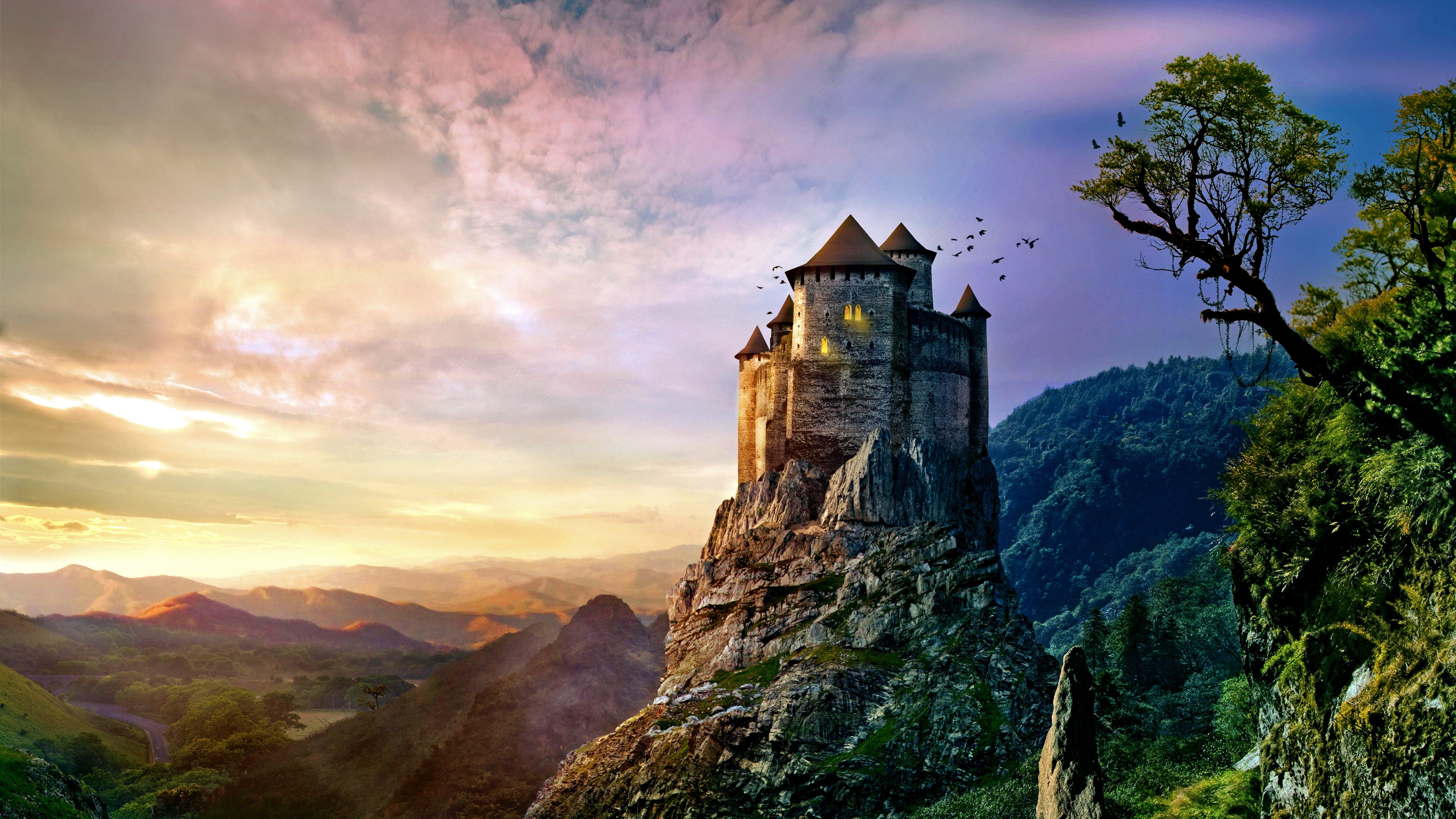 Castle on a rocky mountain at sunset with birds flying HD Wallpaper