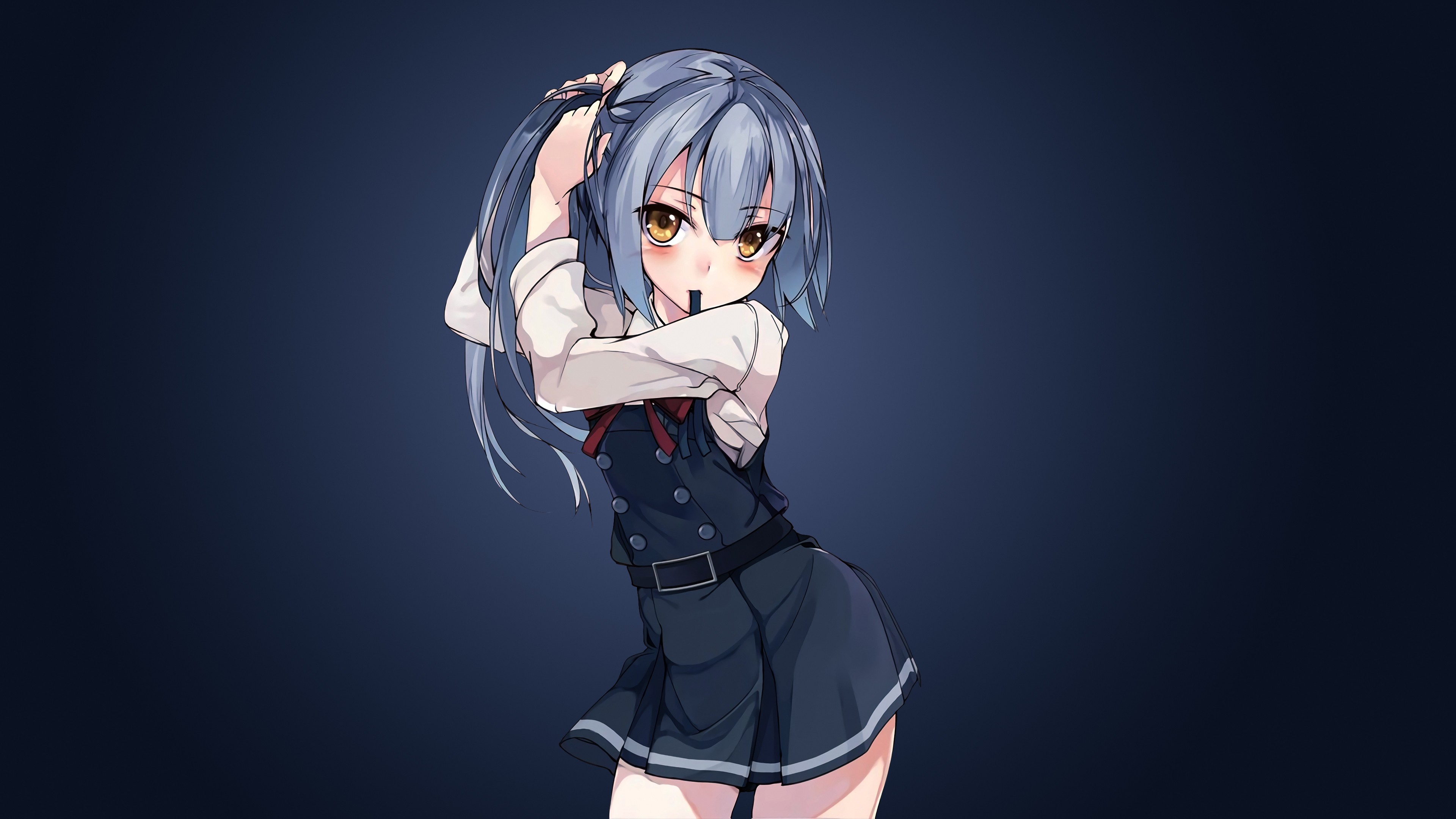 Anime girl with blue hair and yellow eyes in uniform HD Wallpaper