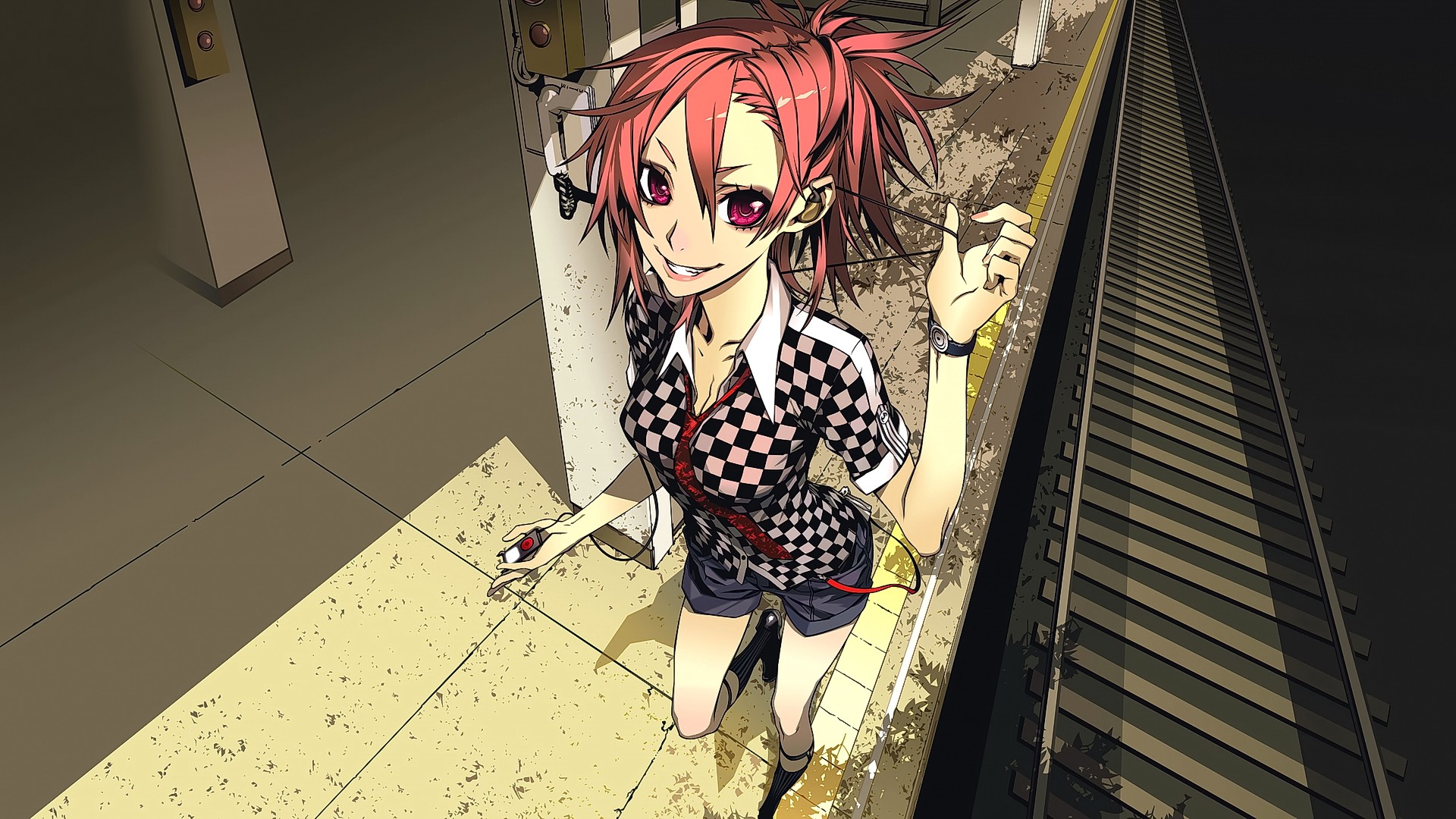 Anime girl with pink hair and purple eyes at a train station HD Wallpaper
