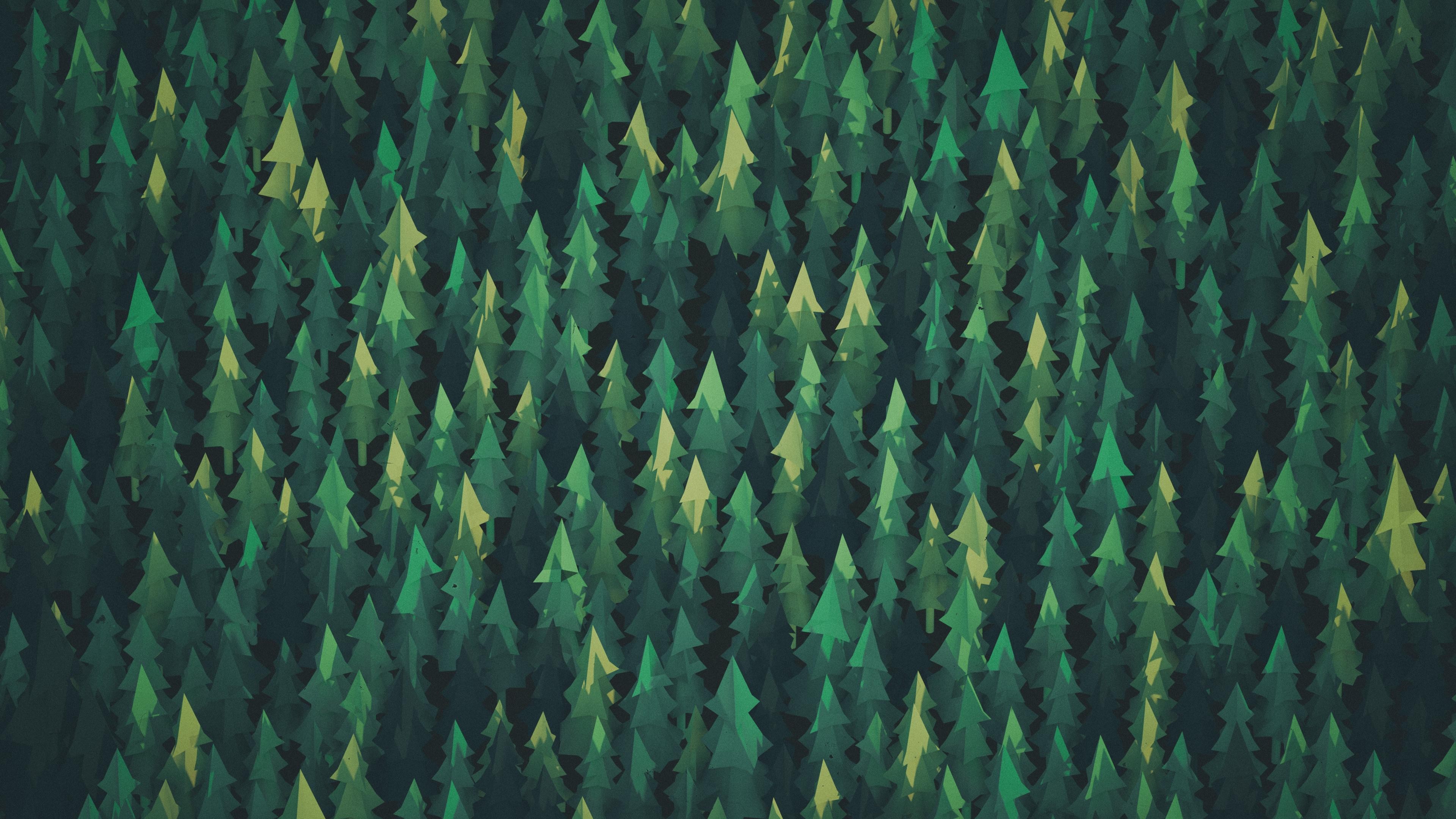A dense forest of stylized green trees HD Wallpaper