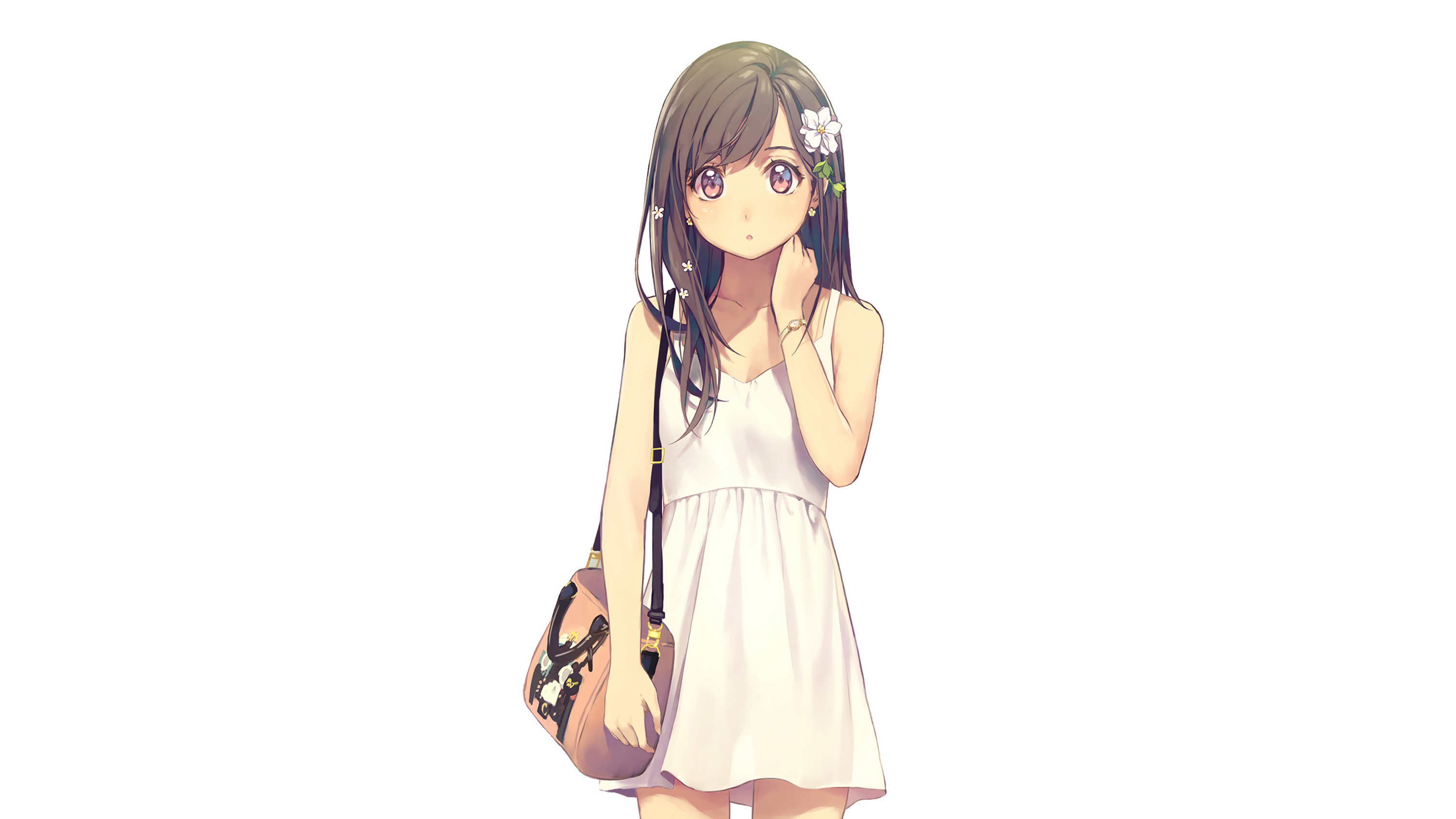 Anime girl with long hair in a white dress HD Wallpaper